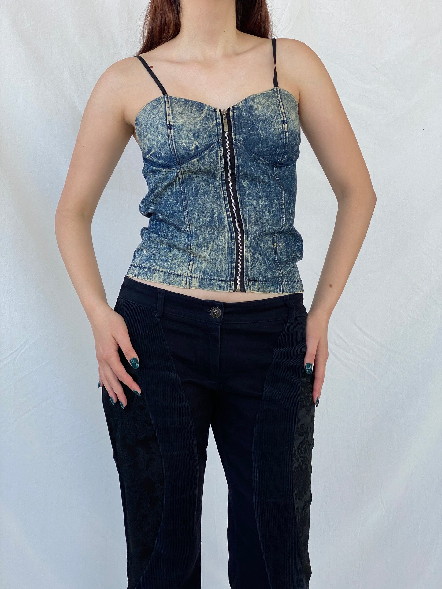 Vintage Wash Denim Blue Corset with Zipper and Adjustable Straps - M