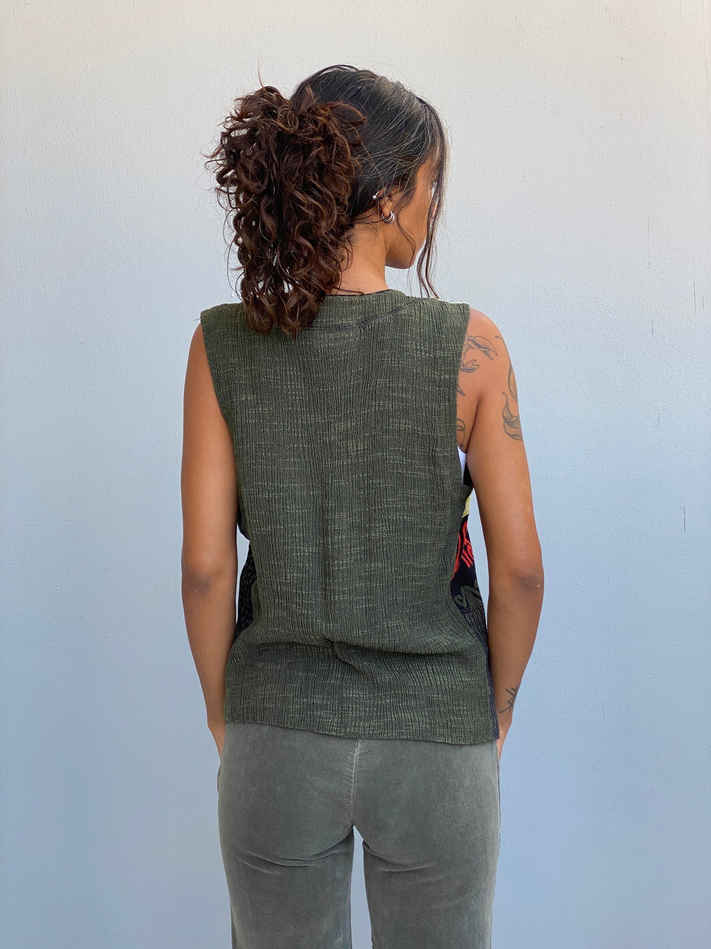 Vintage 90s Nancy Bolen Olive Green Patchwork Boho Vest – M