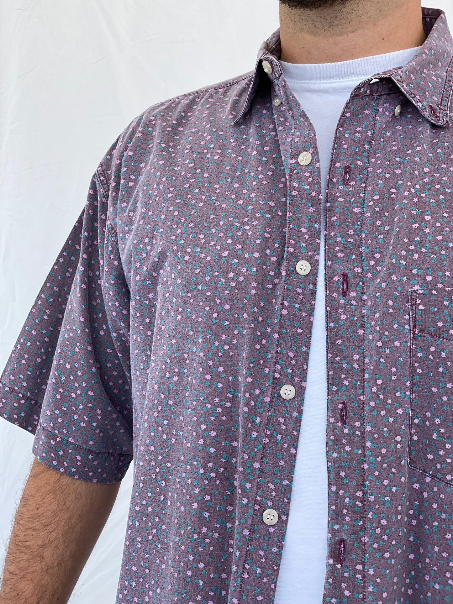 Vintage Shah Safari Floral Short Sleeve Purple Cotton Shirt - L