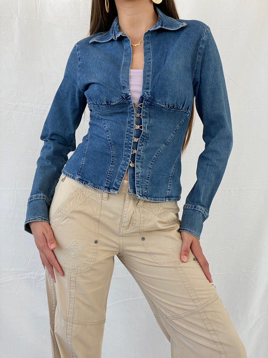 بلوزة كورسيه من قماش الدنيم الأزرق مادونا من عام 2000 - مقاس متوسط