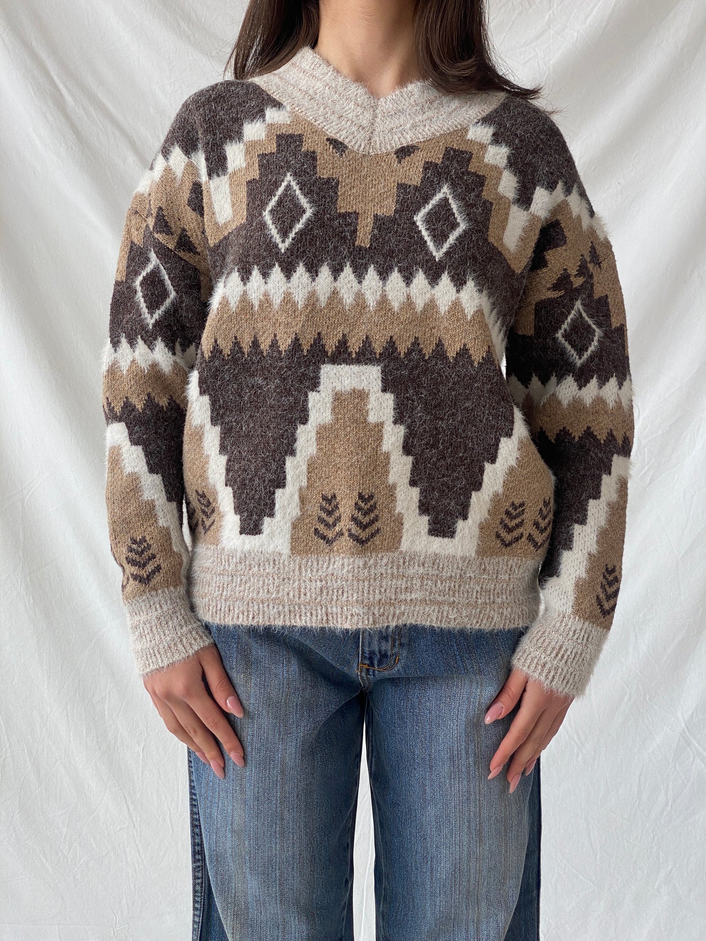 Vintage Wool & Mohair Geometric Icelandic Print V-Neck Handmade Knit Sweater - M