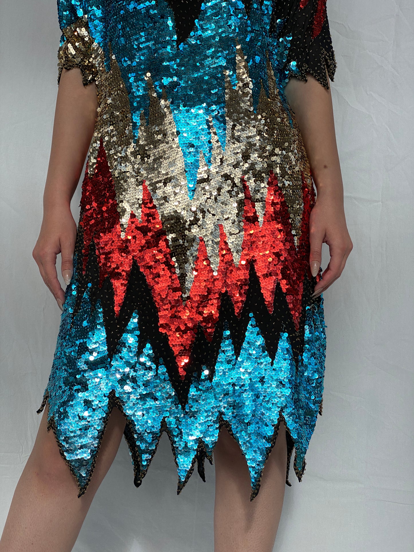 Vintage Iris Zig Zag Sequin and Sheer Midi Party Dress - L