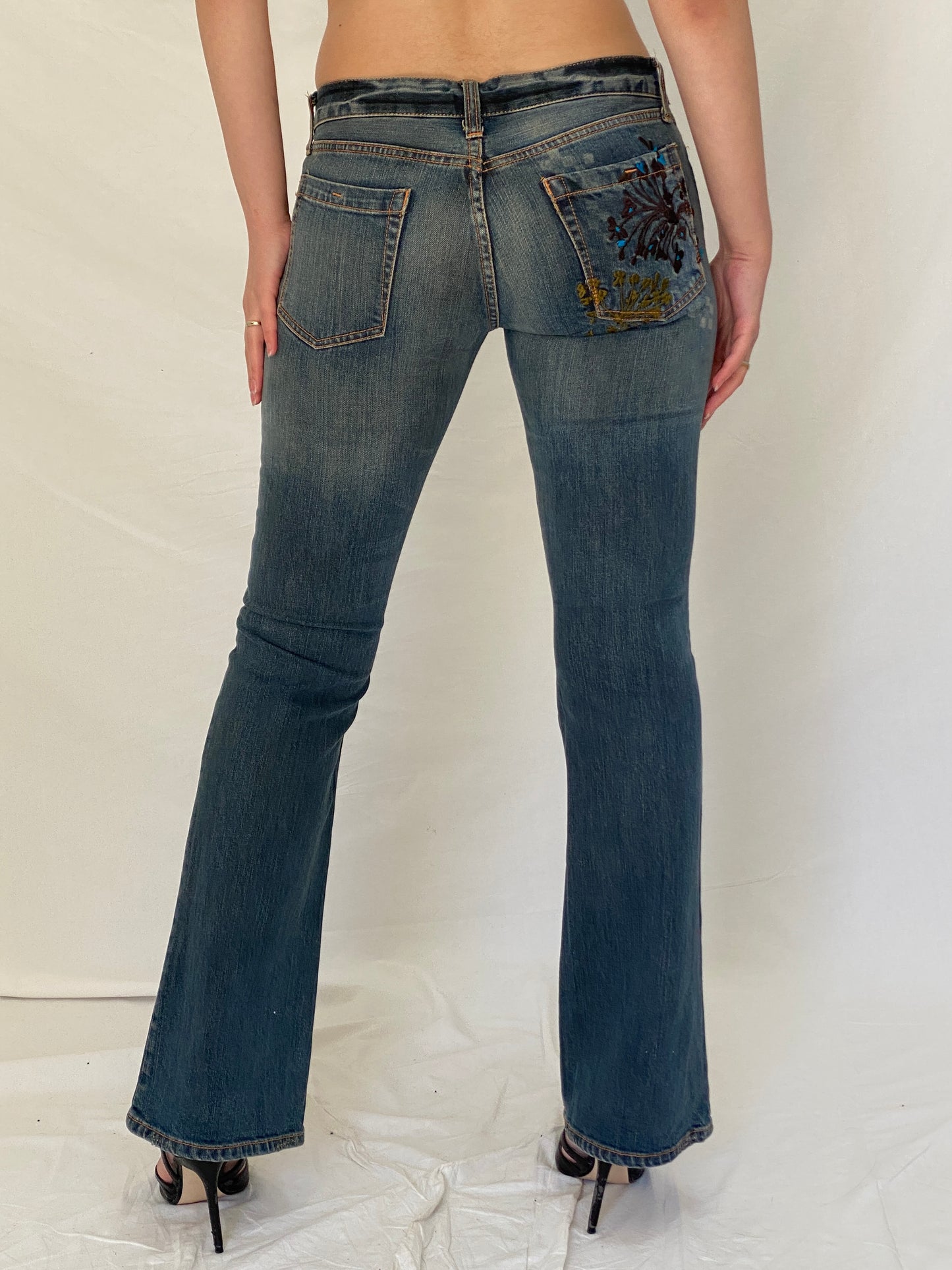 Vintage Y2K Vans Low Rise Flare Jeans Blue Embroidered Pocket Denim - 38EUR