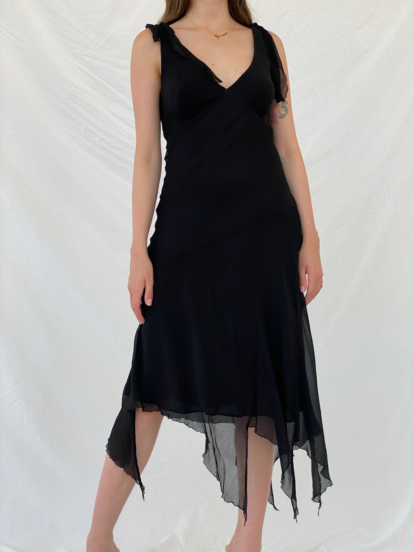 Nicole Miller Asymmetric Midi Black Layered Silk Dress - M