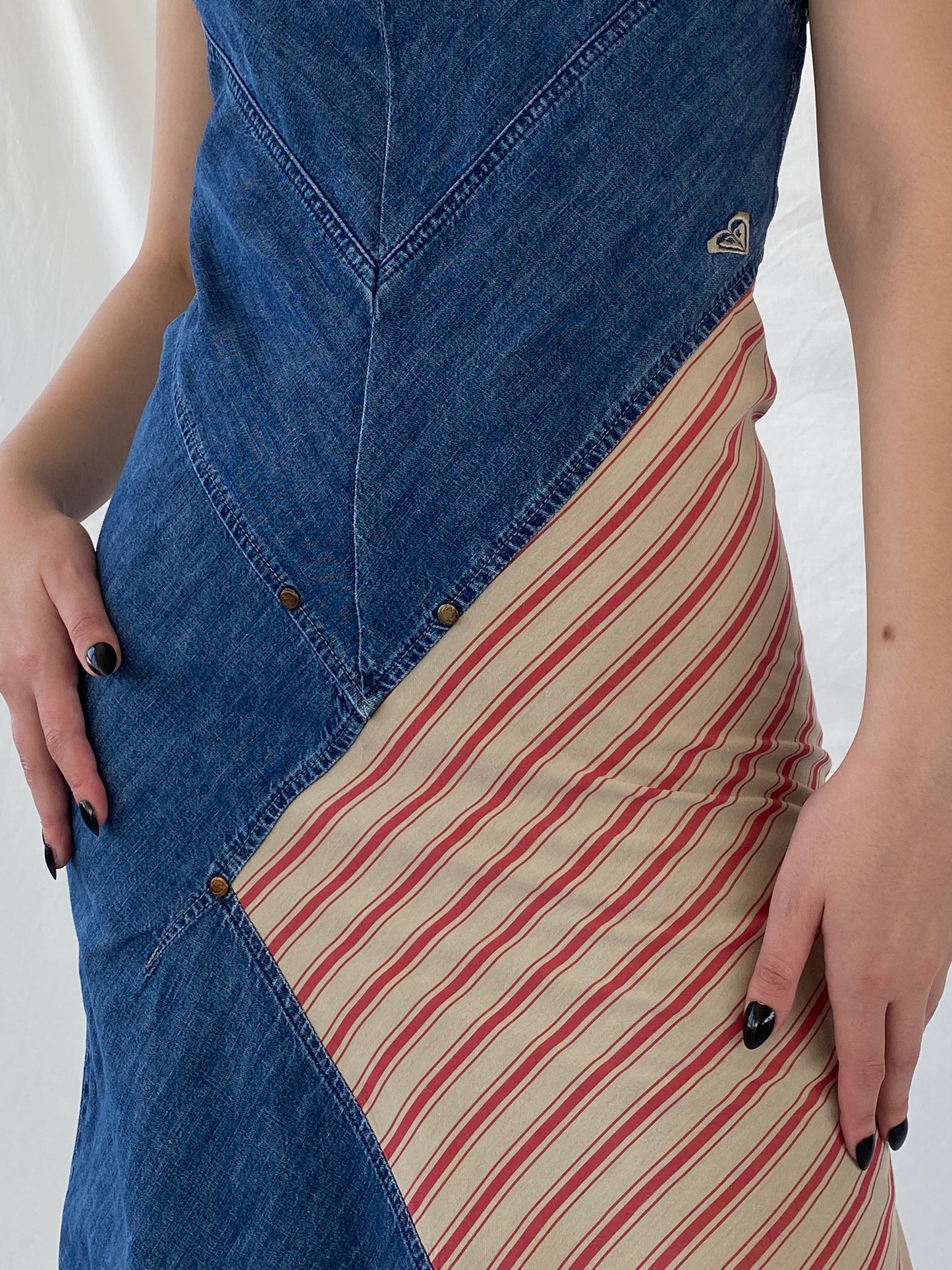 Vintage 90s Roxy Life Quicksilver Denim Striped Red Patch Midi Dress - S