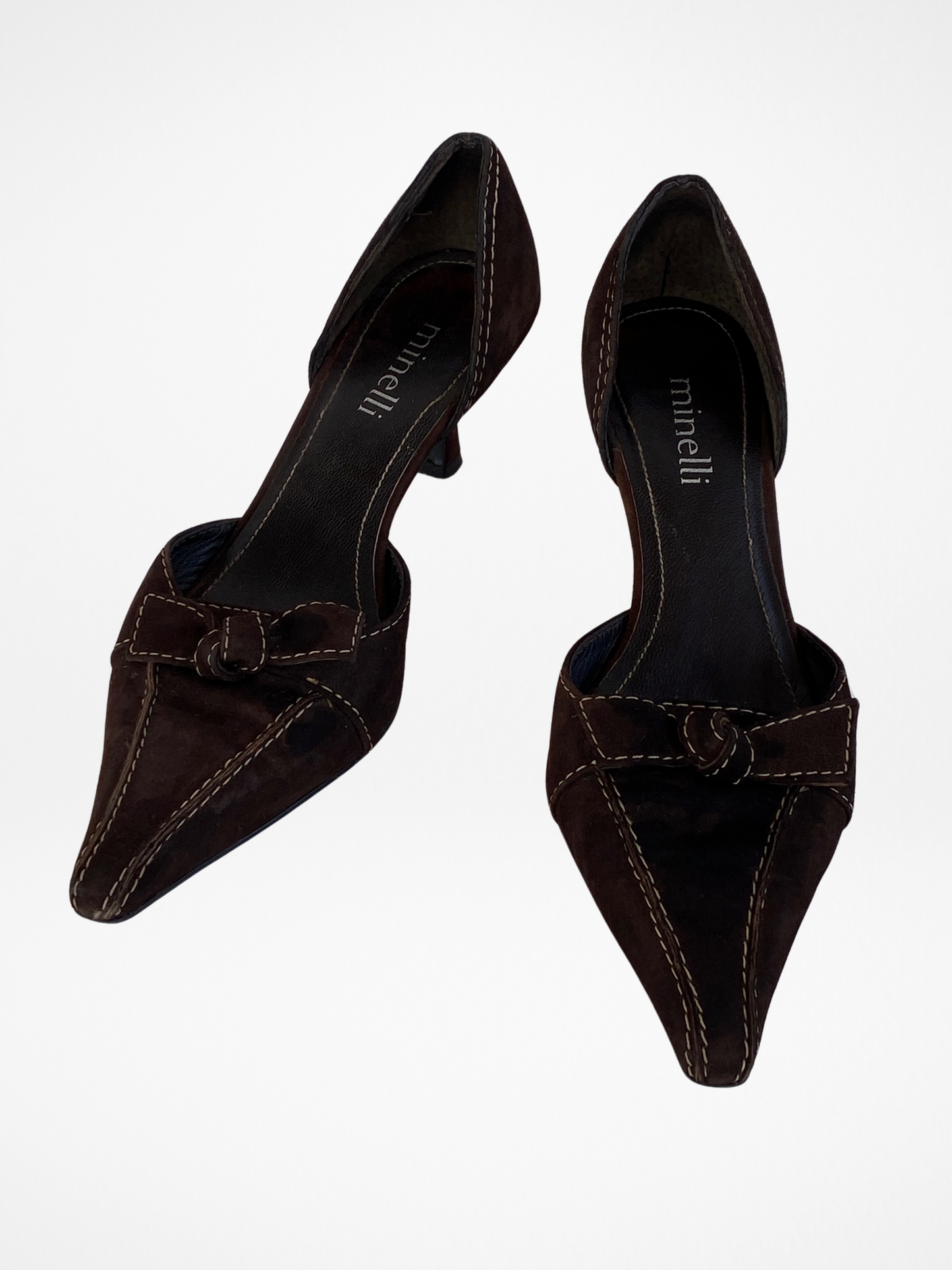 حذاء بكعب قصير من الجلد المدبوغ البني من Minelli Vintage مع عقدة أمامية وخياطة كبيرة