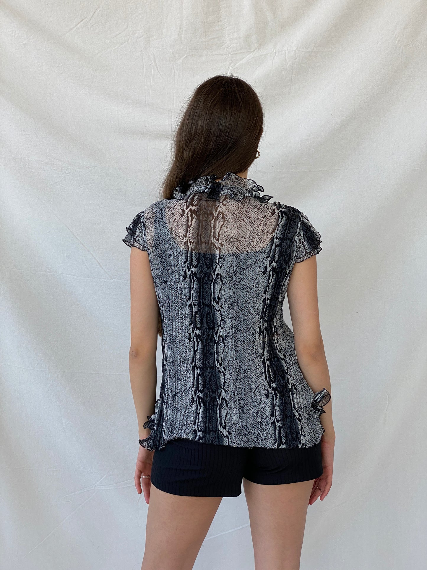 Vintage Animal Print Ruffled Gray Frilled Short Sleeve Blouse - M