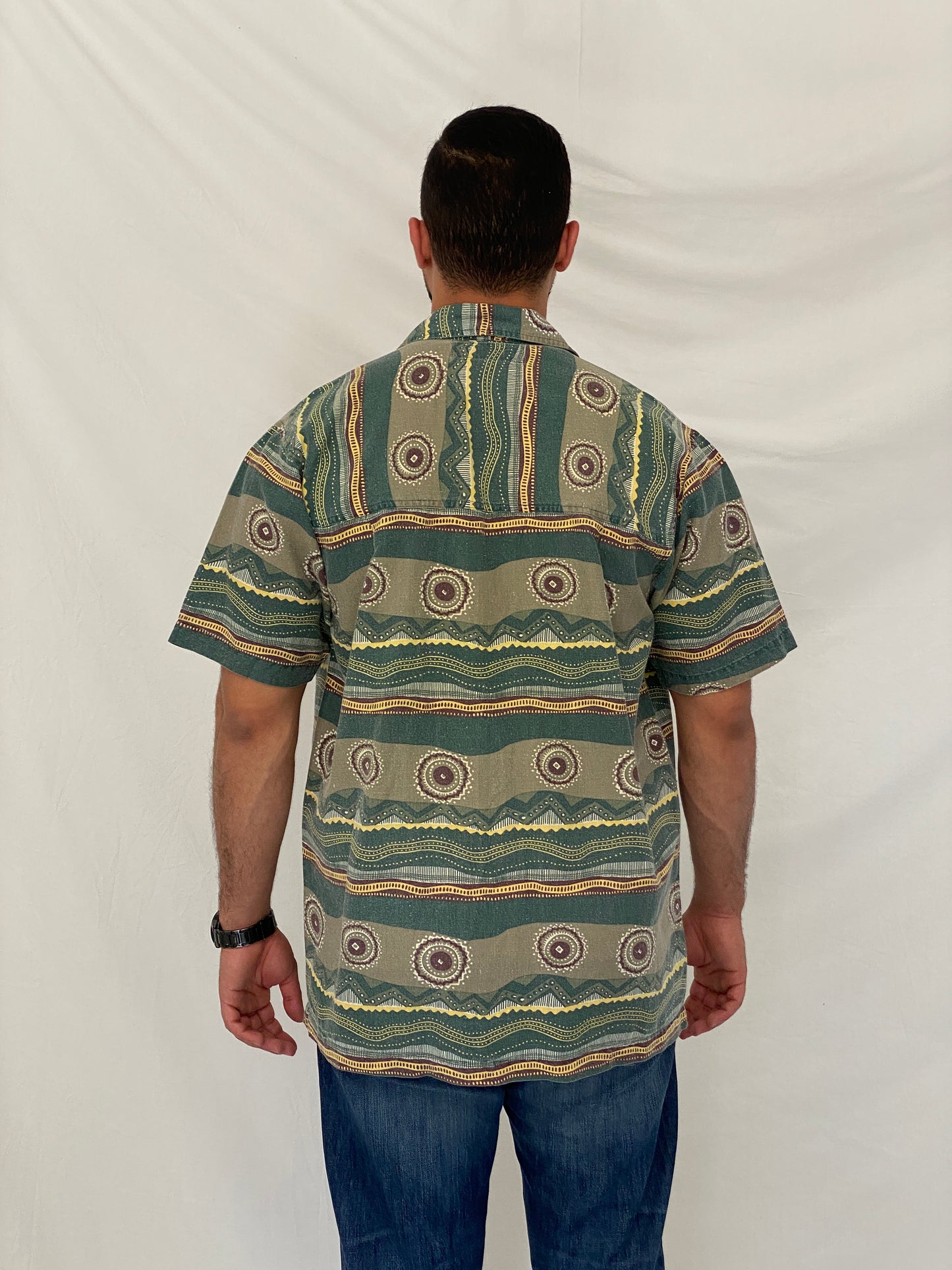 90s Bugle Boy Green Abstract Cotton Ramie Camp Shirt – M