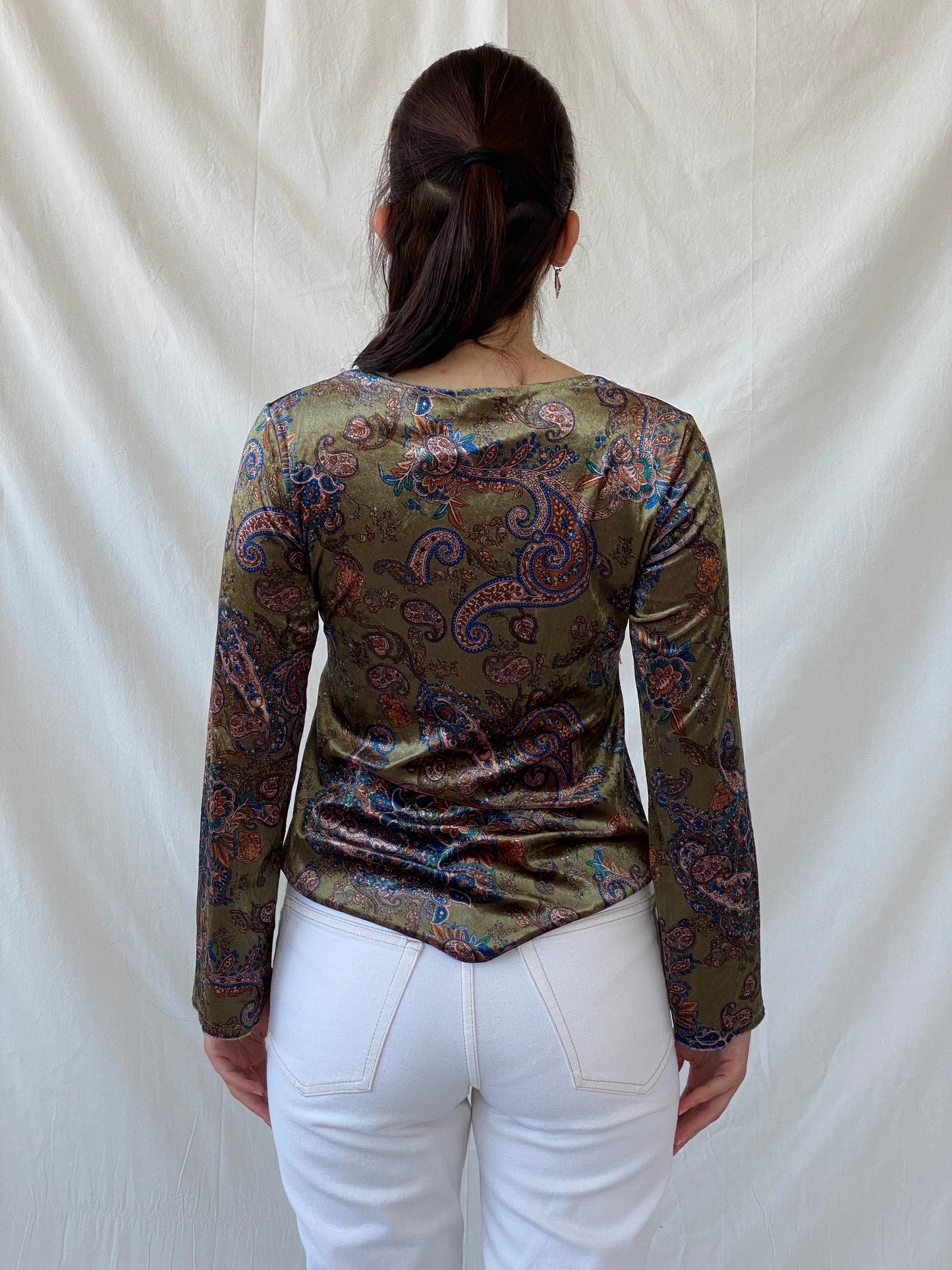 Vintage KLIMAN Collection Green Velvet Paisley Print Beaded Boho Long Sleeve Women’s Top - L