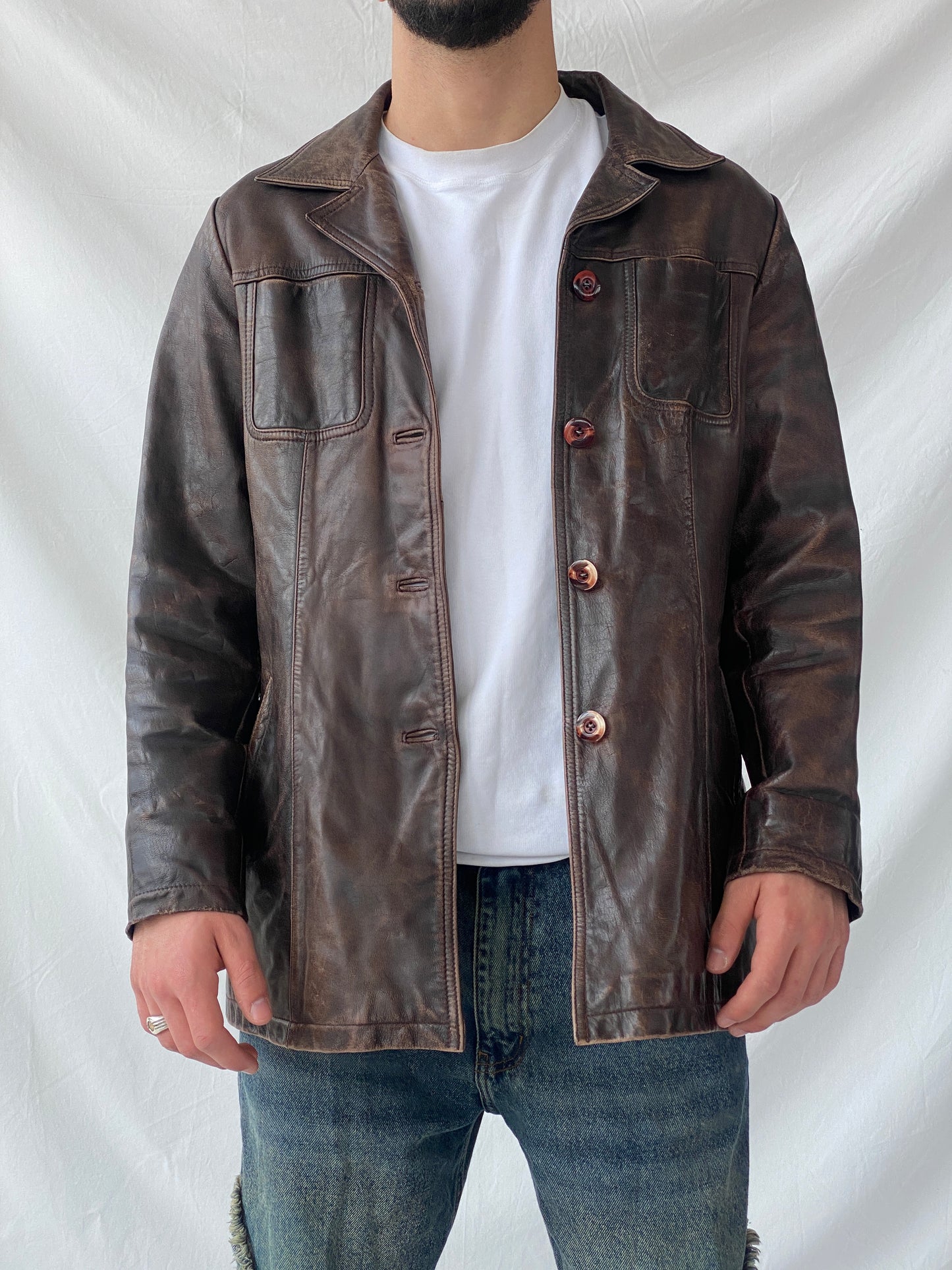 Vintage Saki Leather Brown Genuine Leather Buttoned Blazer Coat - M