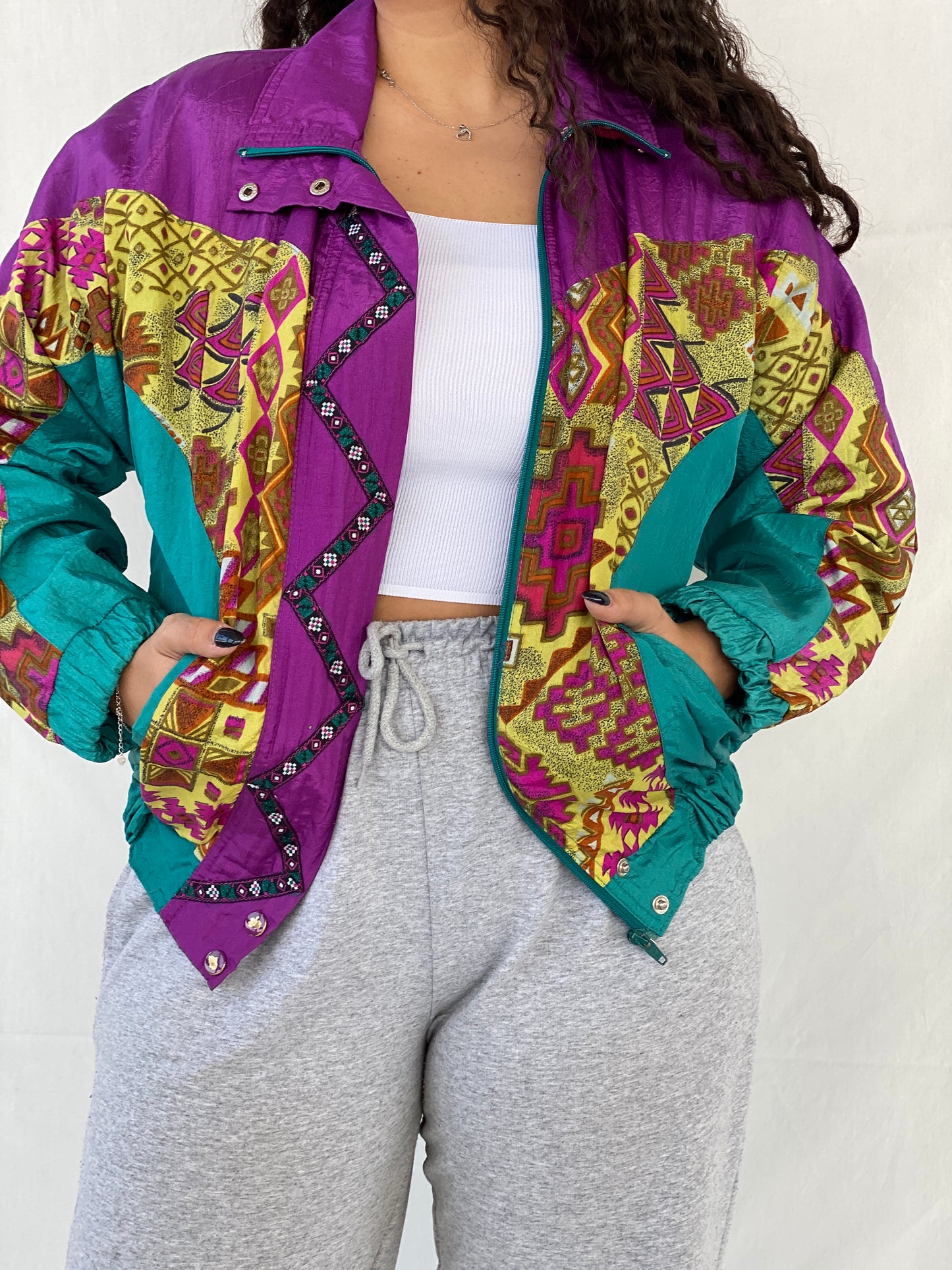 Vintage 80s/90s Lanvon by Cheerful Corp Green Tribal Print Windbreaker Track Jacket - S