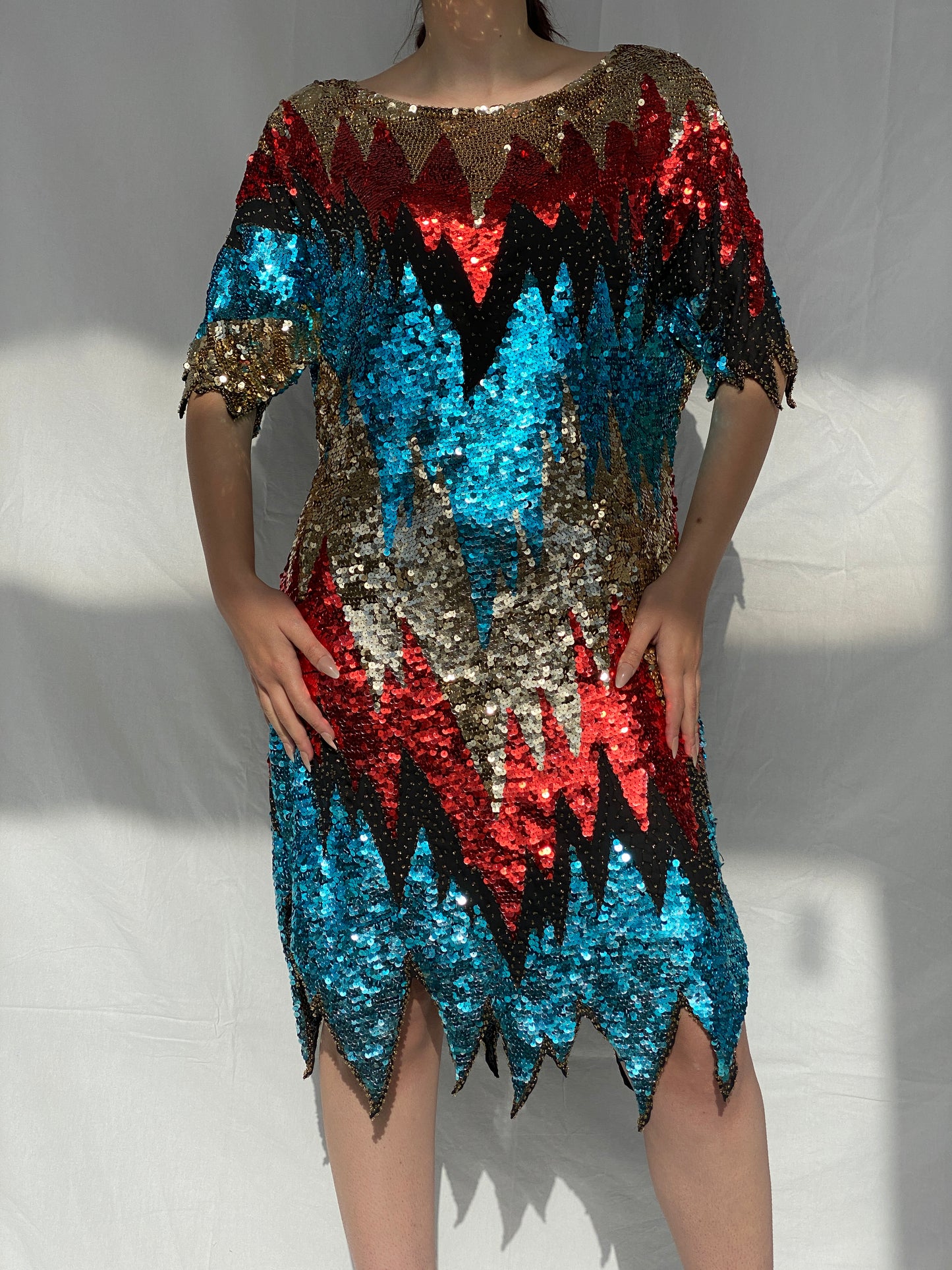 Vintage Iris Zig Zag Sequin and Sheer Midi Party Dress - L