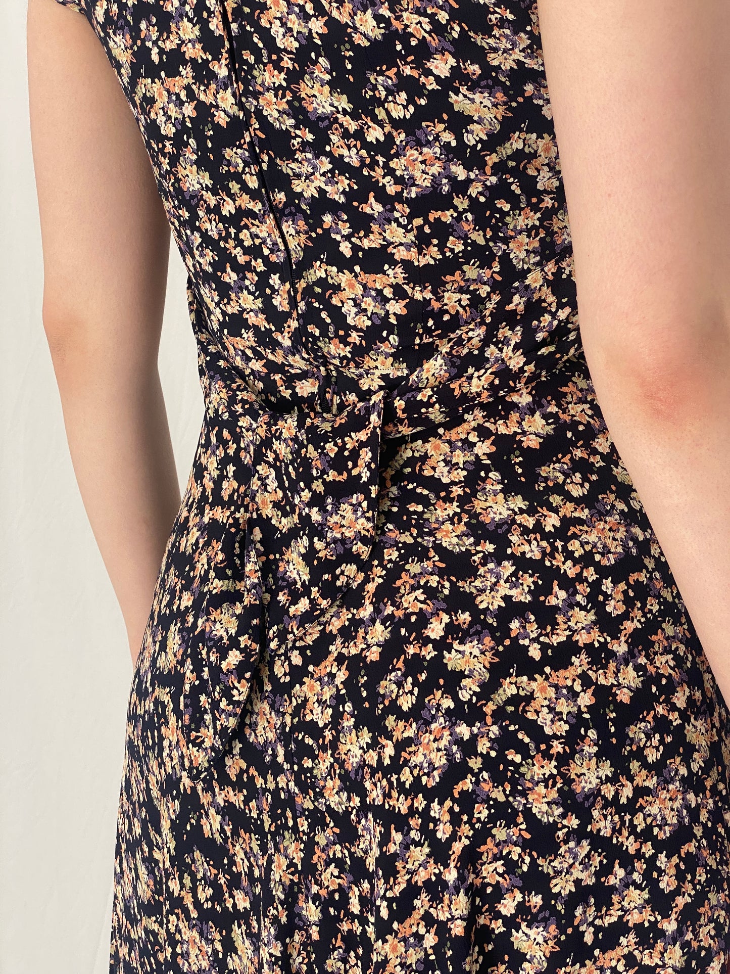 Vintage 90s Petite Sophisticate Black Floral Midi Dress with Tie Back - S