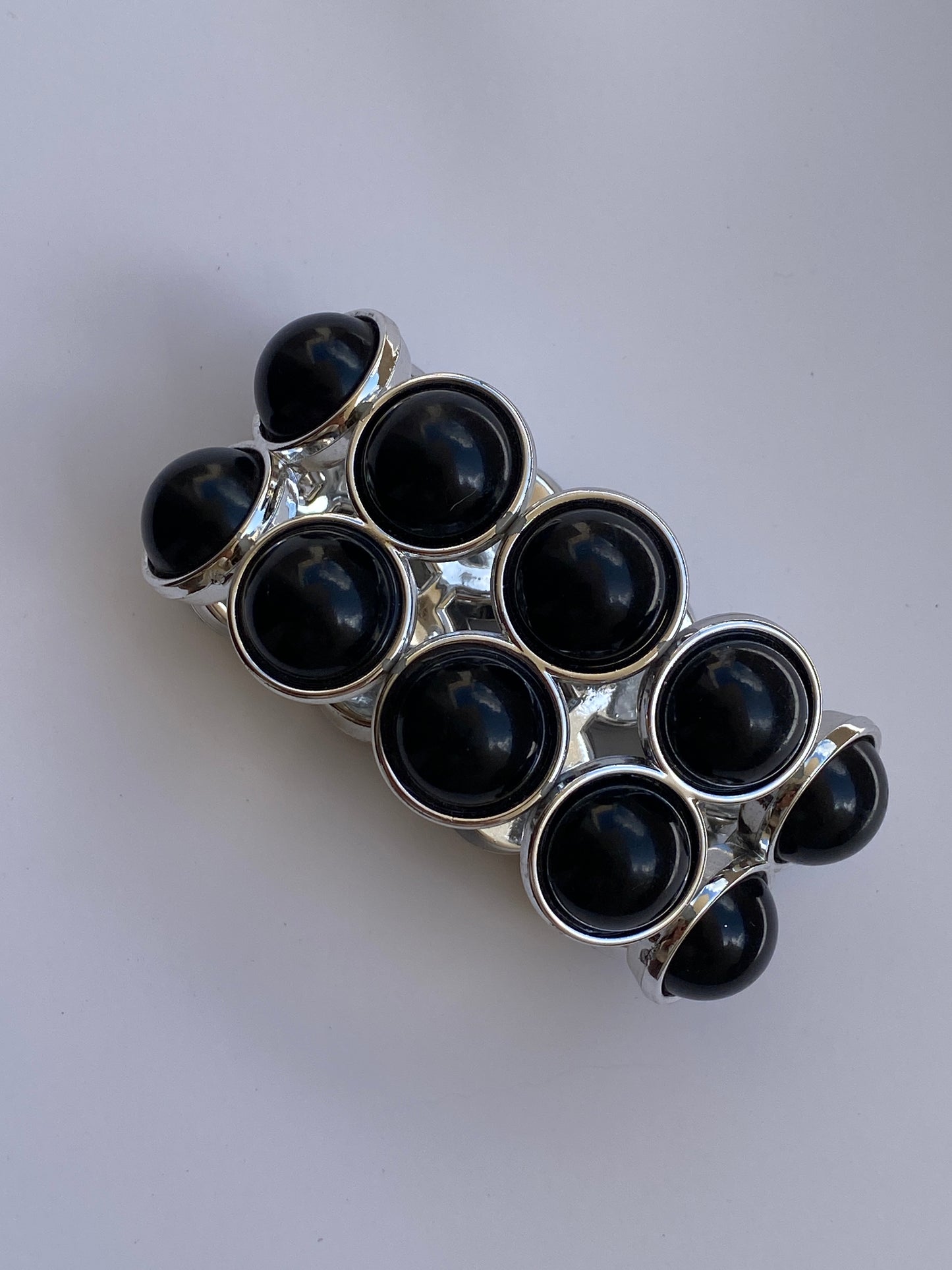 Vintage Black Cabochon Silver Tone Elastic Cuff Bracelet