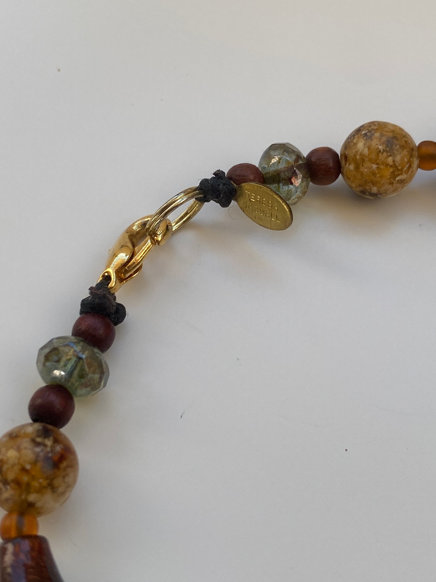 Vintage Teresa Goodall Brown Wood Art Glass Chunky Beaded Necklace