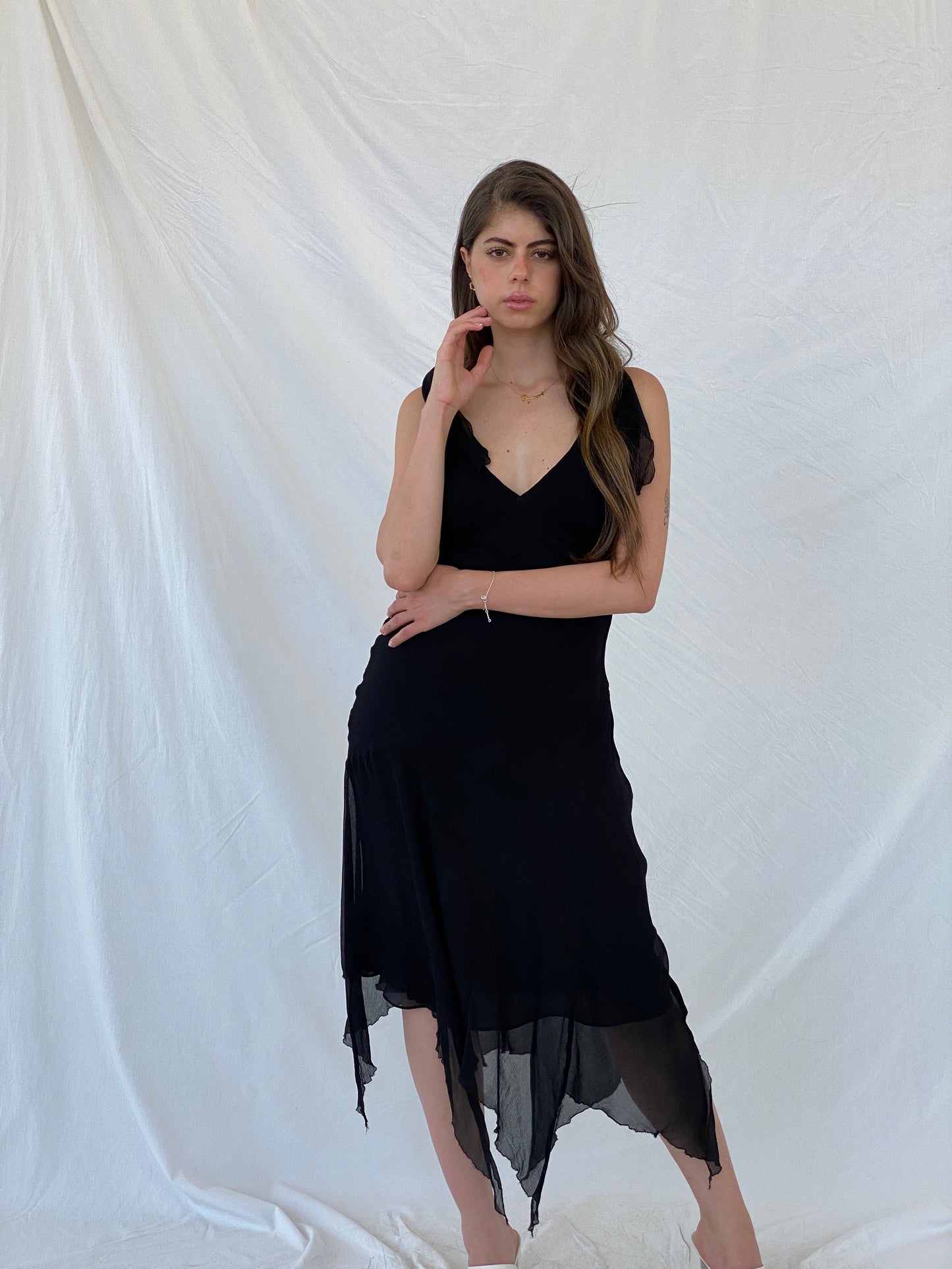 Nicole Miller Asymmetric Midi Black Layered Silk Dress - M