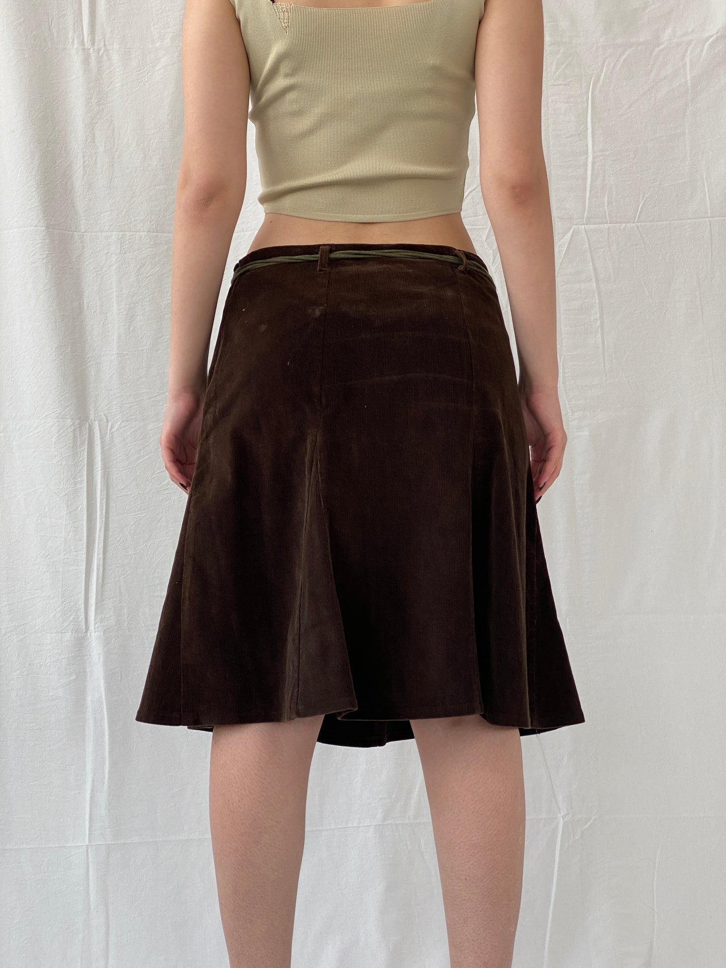 90s Pescara Brown Corduroy Midi Skirt with Rope Tie Belt - M
