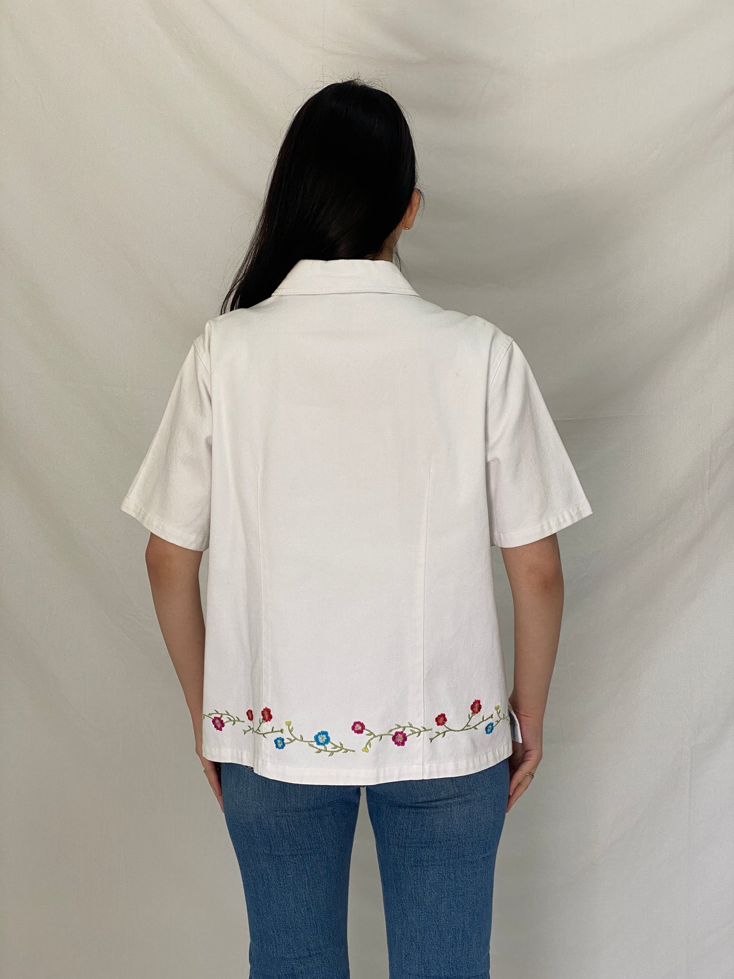 Vintage Denim & Co White Cotton Floral Embroidered Zip Shirt Jacket - L
