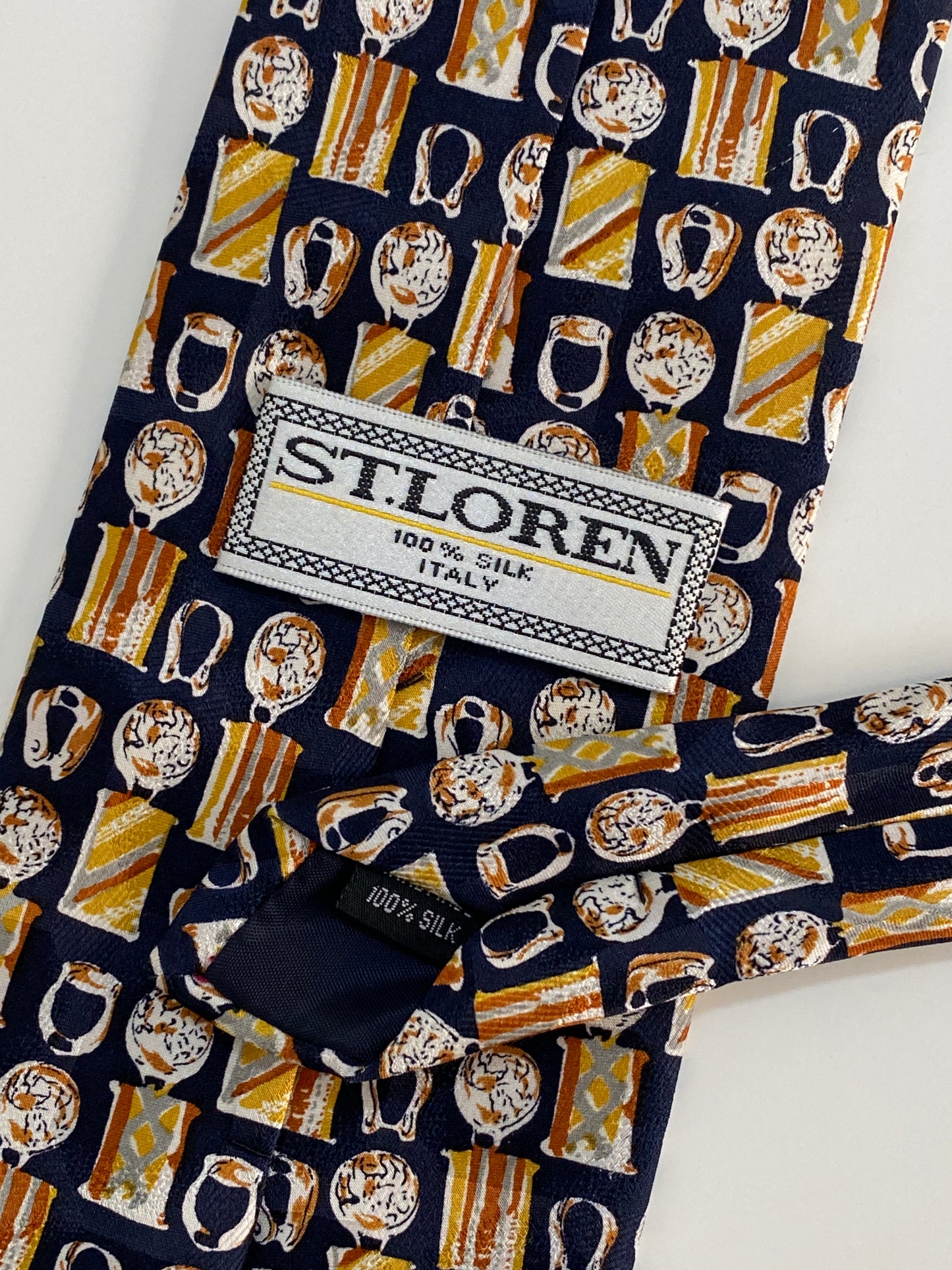 Vintage ST. LOREN Italian Silk Tie - Navy Equestrian / Horse Bit Print Made in Italy