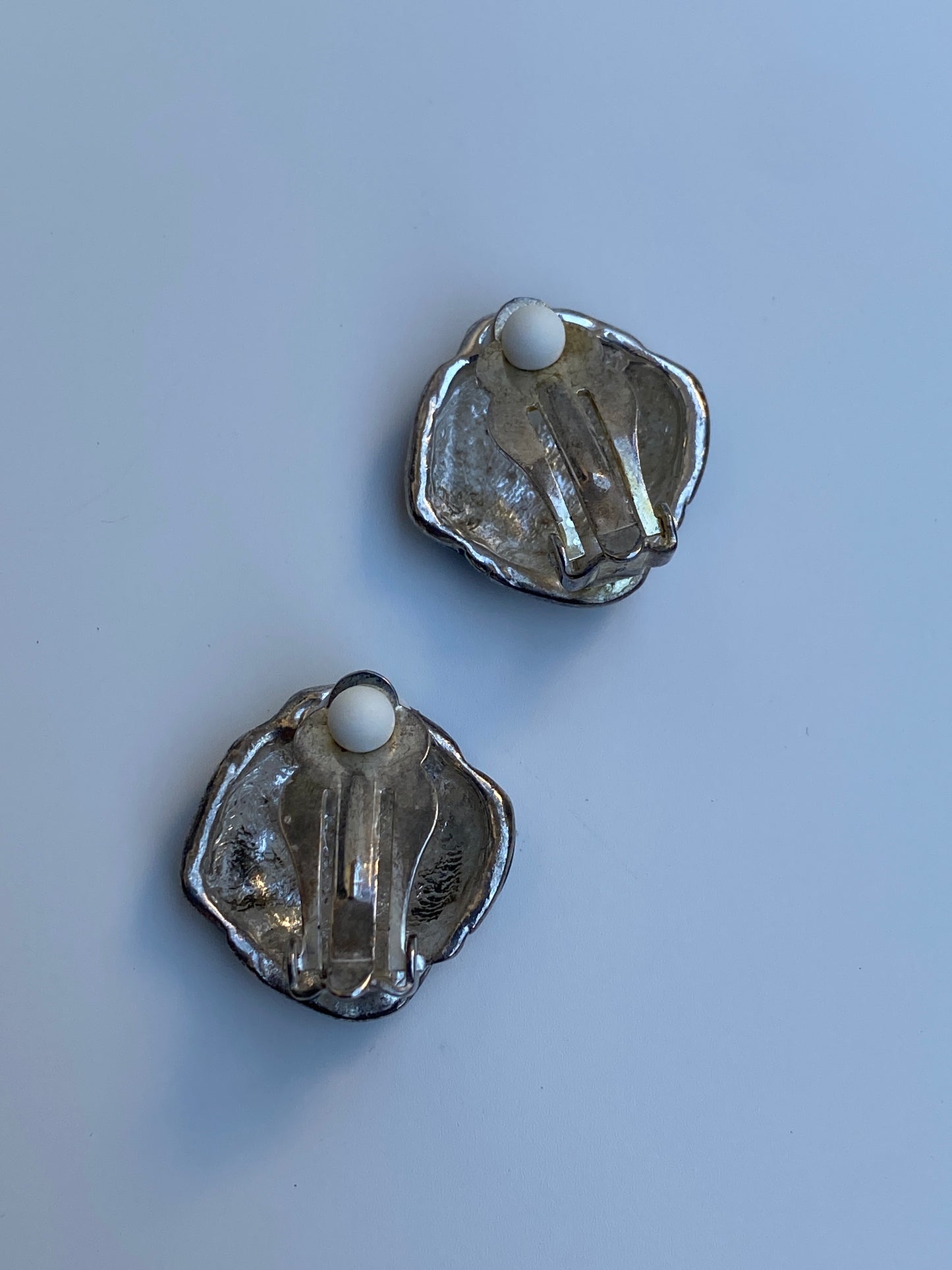 Vintage Geometric Enamel Clip-On Navy Blue, Teal & Silver Earrings