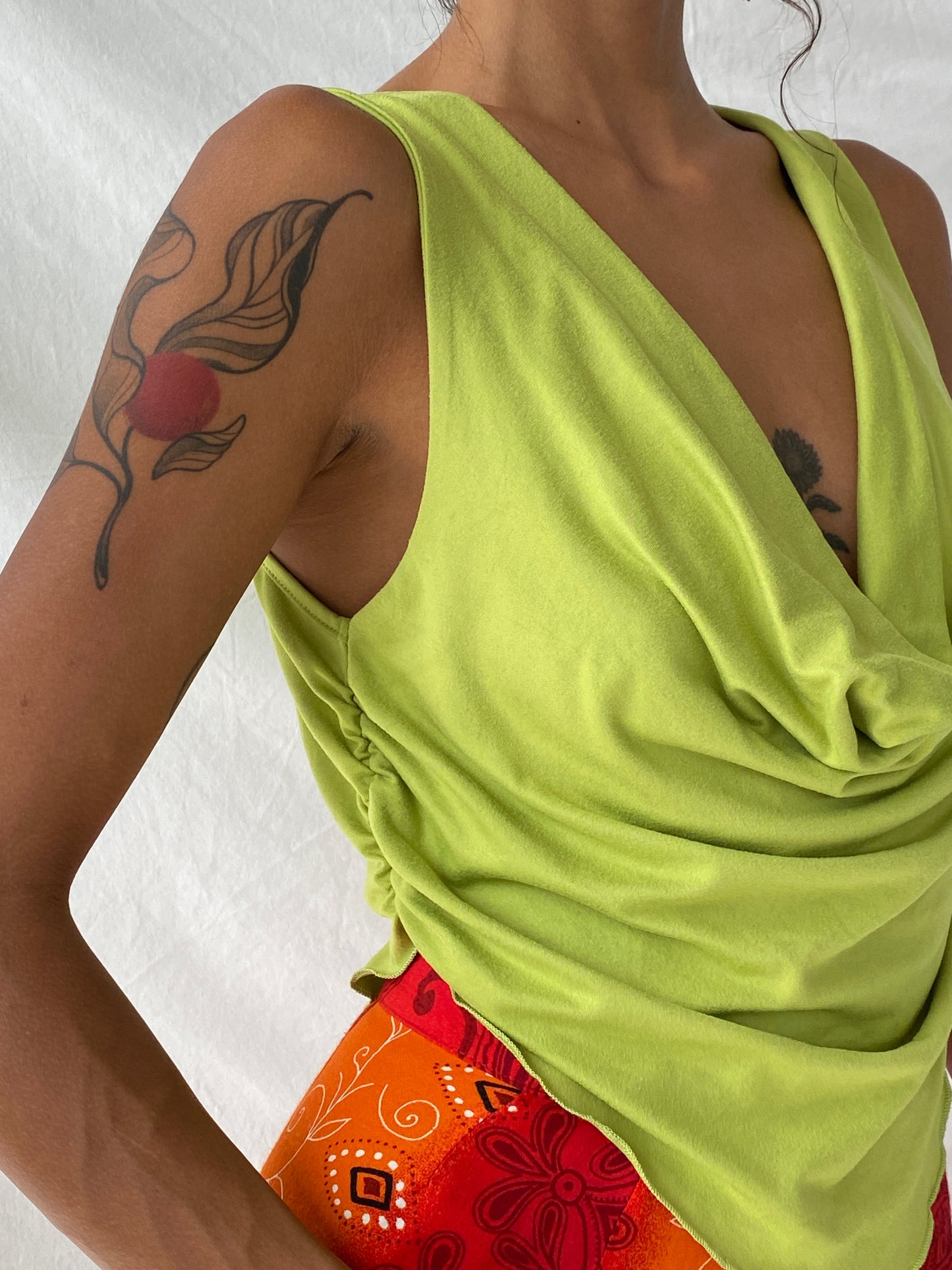 Y2K Lime Green Cowl Neck Ruched Sides Sleeveless Women’s Top - M