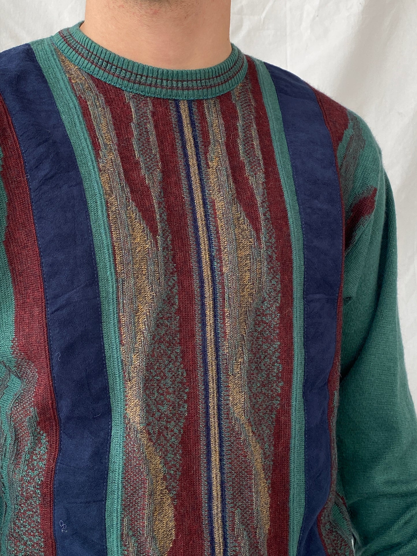 Vintage Summerland Men’s Green 3D Stripe Pattern Coogi-Style Crew Neck Knitted Sweater - M
