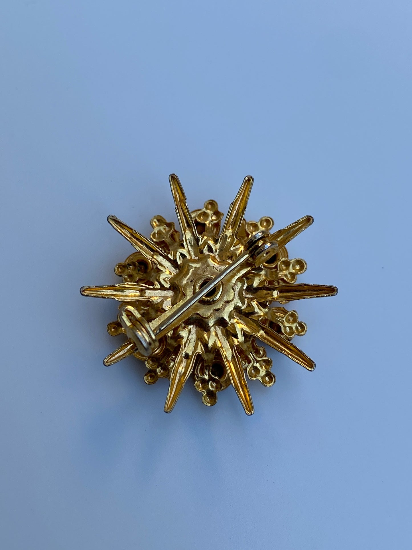 Vintage Mid-Century Gold Tone Blue Rhinestone Miraculous Medal Virgin Mary Starburst Brooch