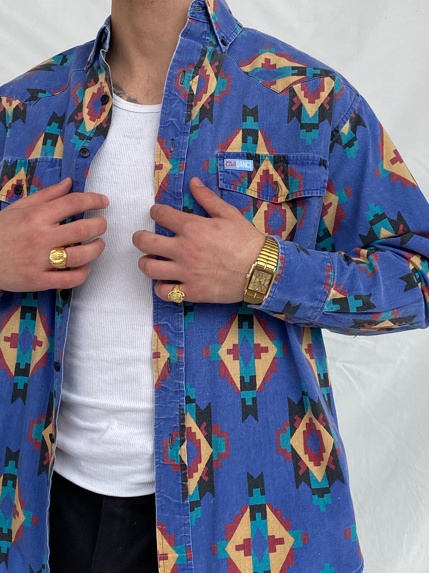 Vintage 90s Club Dance Men’s Western Print Long Sleeve Button Up Cotton Shirt - M