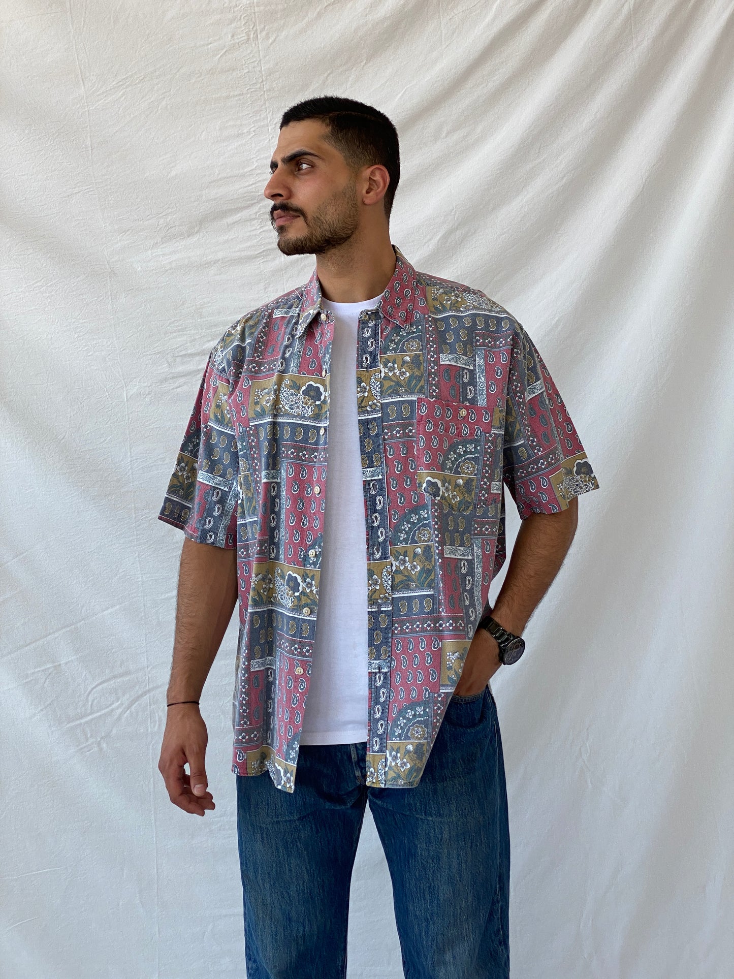 قميص رجالي من Woolrich بطبعة زهور وأزرار من Vintage 90e Streetwear - مقاس XL