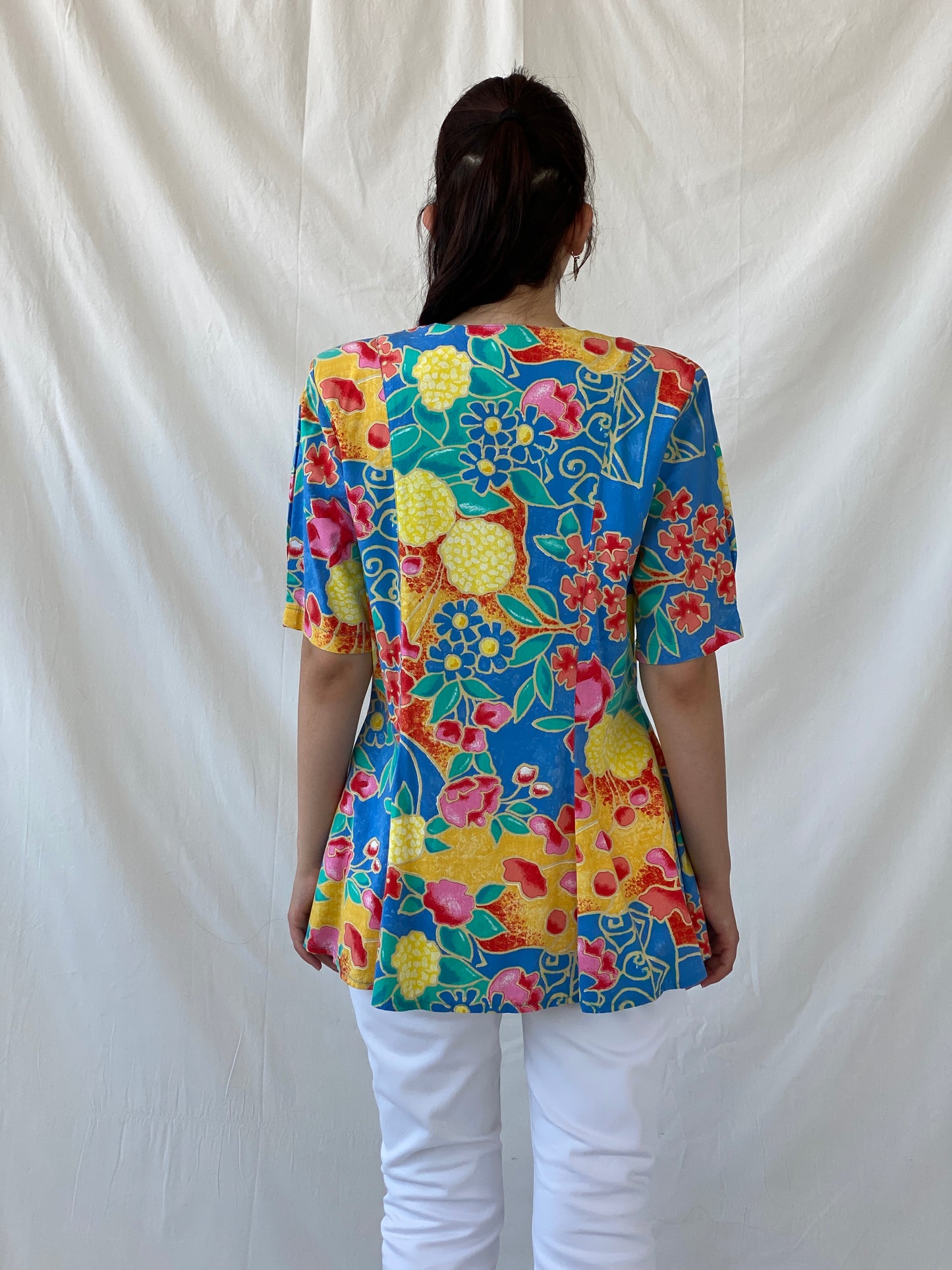 Statement Vintage Bella Donna Yellow Blue Colorful Floral Short Sleeve Women’s Shirt - L