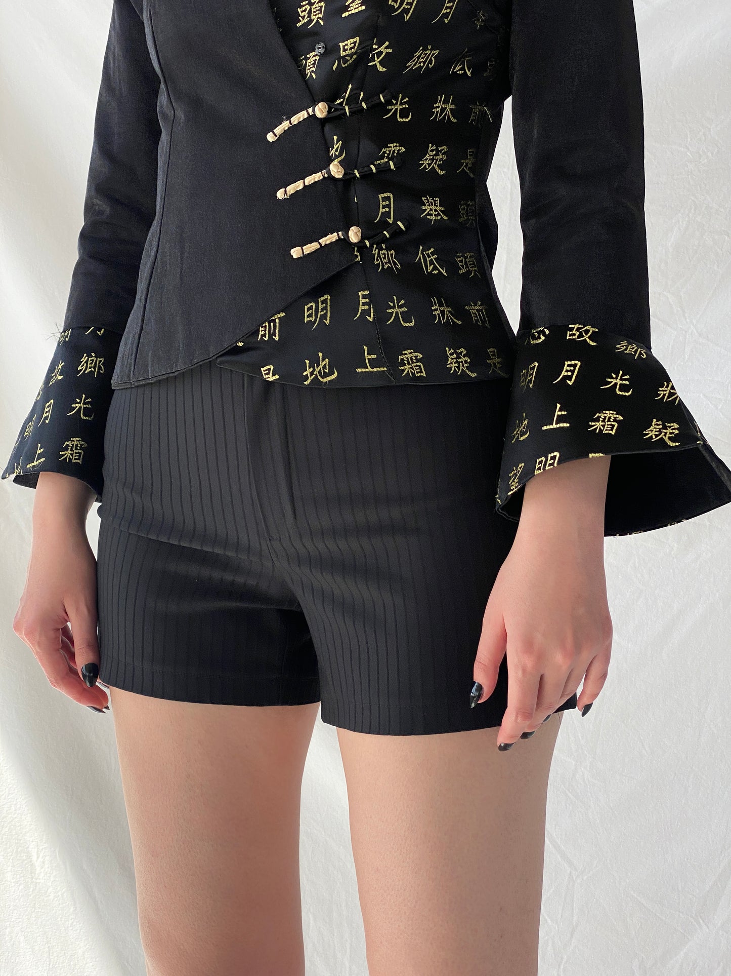 Vintage Mondial Mode Silk Blend Black Yellow Chinese Letters Brocade Jacket - S