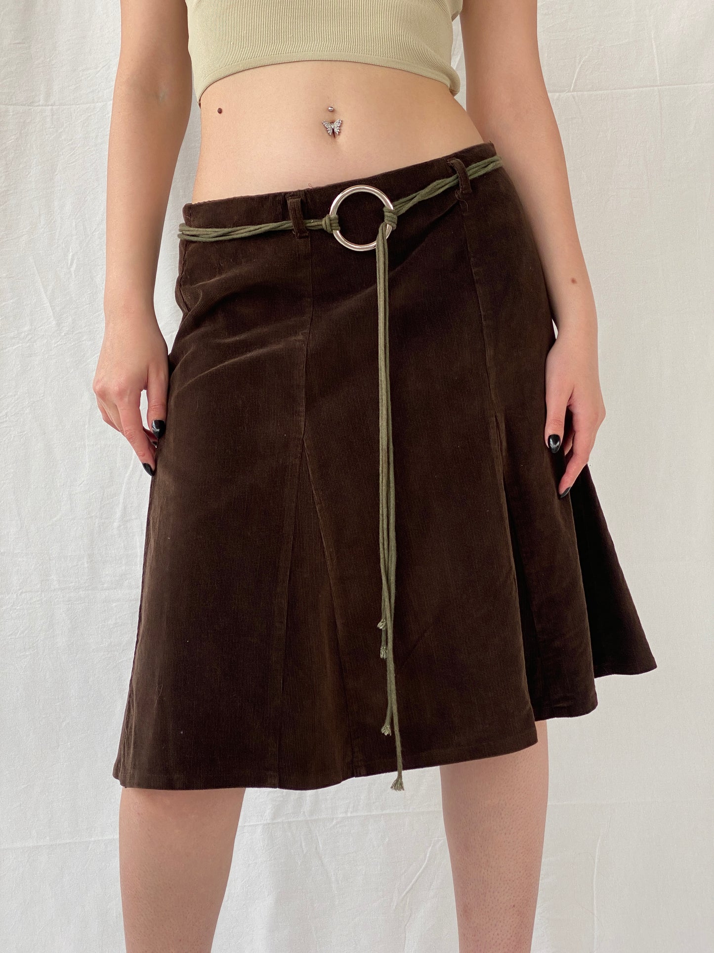 90s Pescara Brown Corduroy Midi Skirt with Rope Tie Belt - M