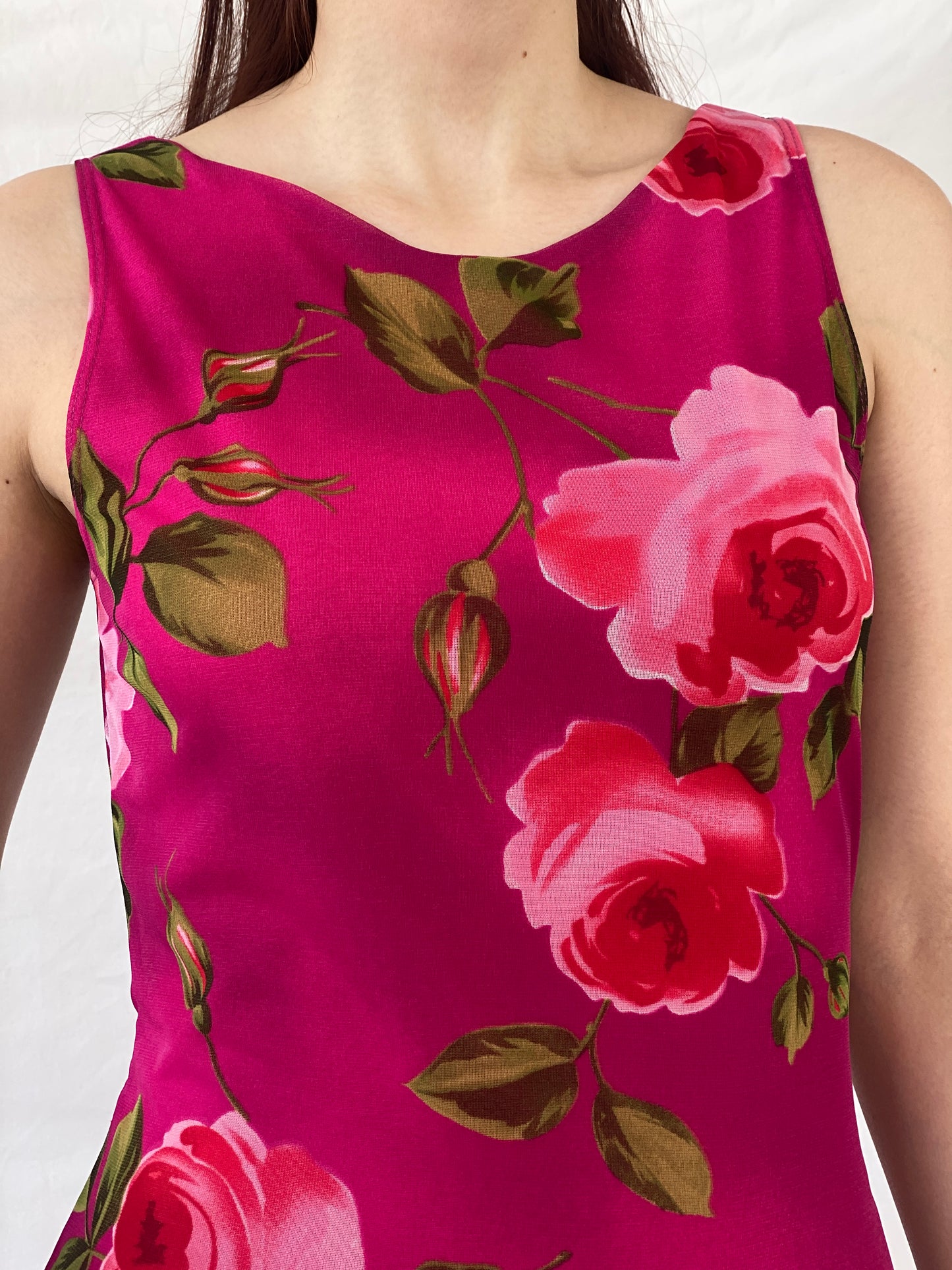 Vintage 90s Tropical Floral Midi Pink Sleeveless Dress - M