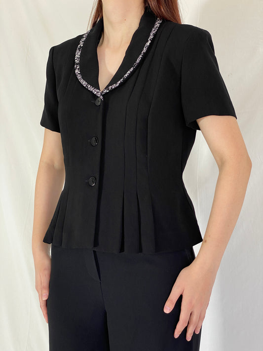 جاكيت مكتب نسائي من Danny & Nicole Vintage Black Blazer بأكمام قصيرة وتفاصيل خصر - مقاس M
