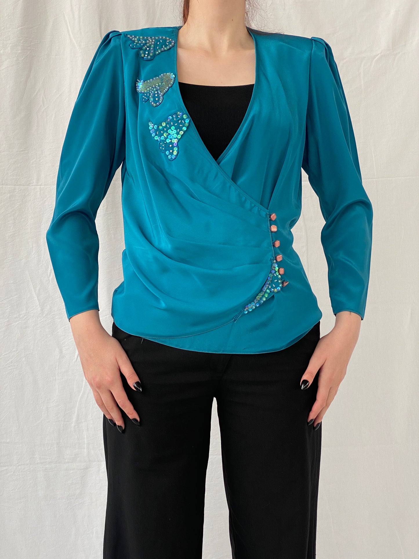 Vintage Handmade Turquoise Aqua Women’s Long Sleeve Sequin Party Wrap Blouse - M