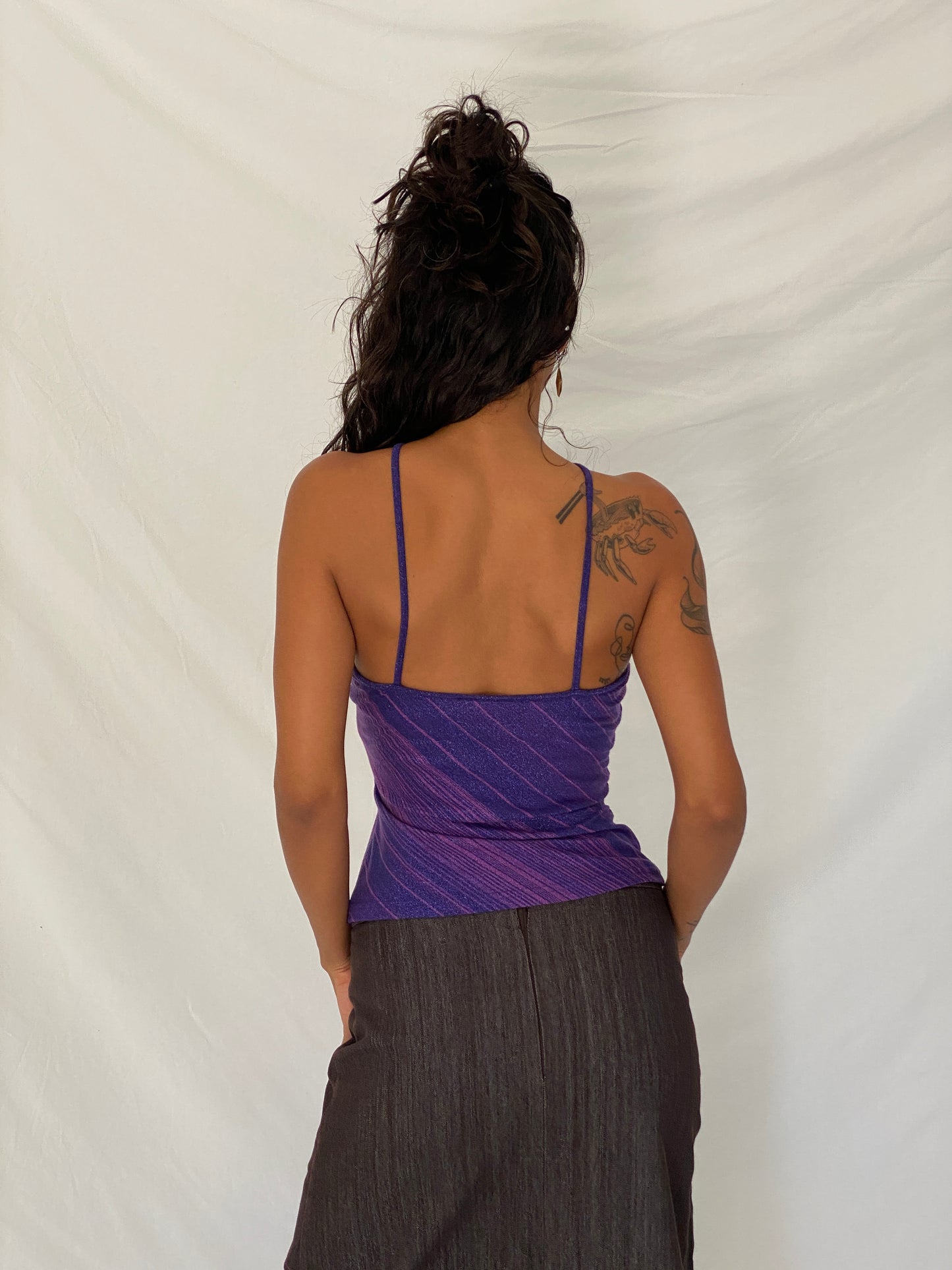 Vintage Y2K Express Purple Metallic Striped O-Ring Halter Top - S
