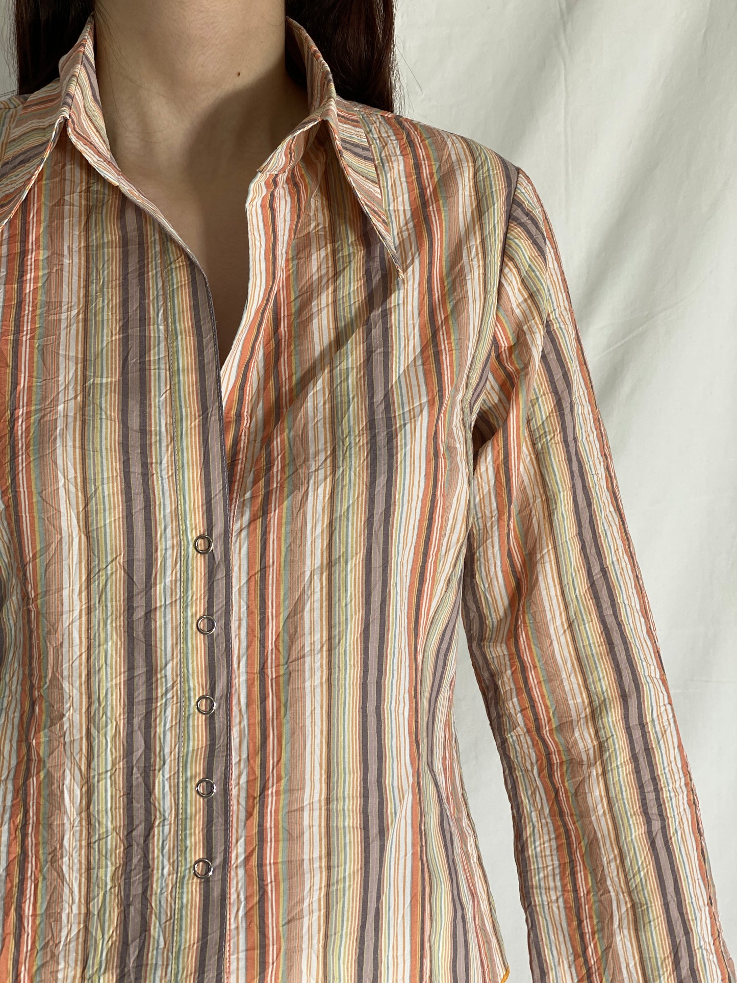 Vintage Y2K Watcher Striped Button Up Shirt Multicolor Long Sleeve - L