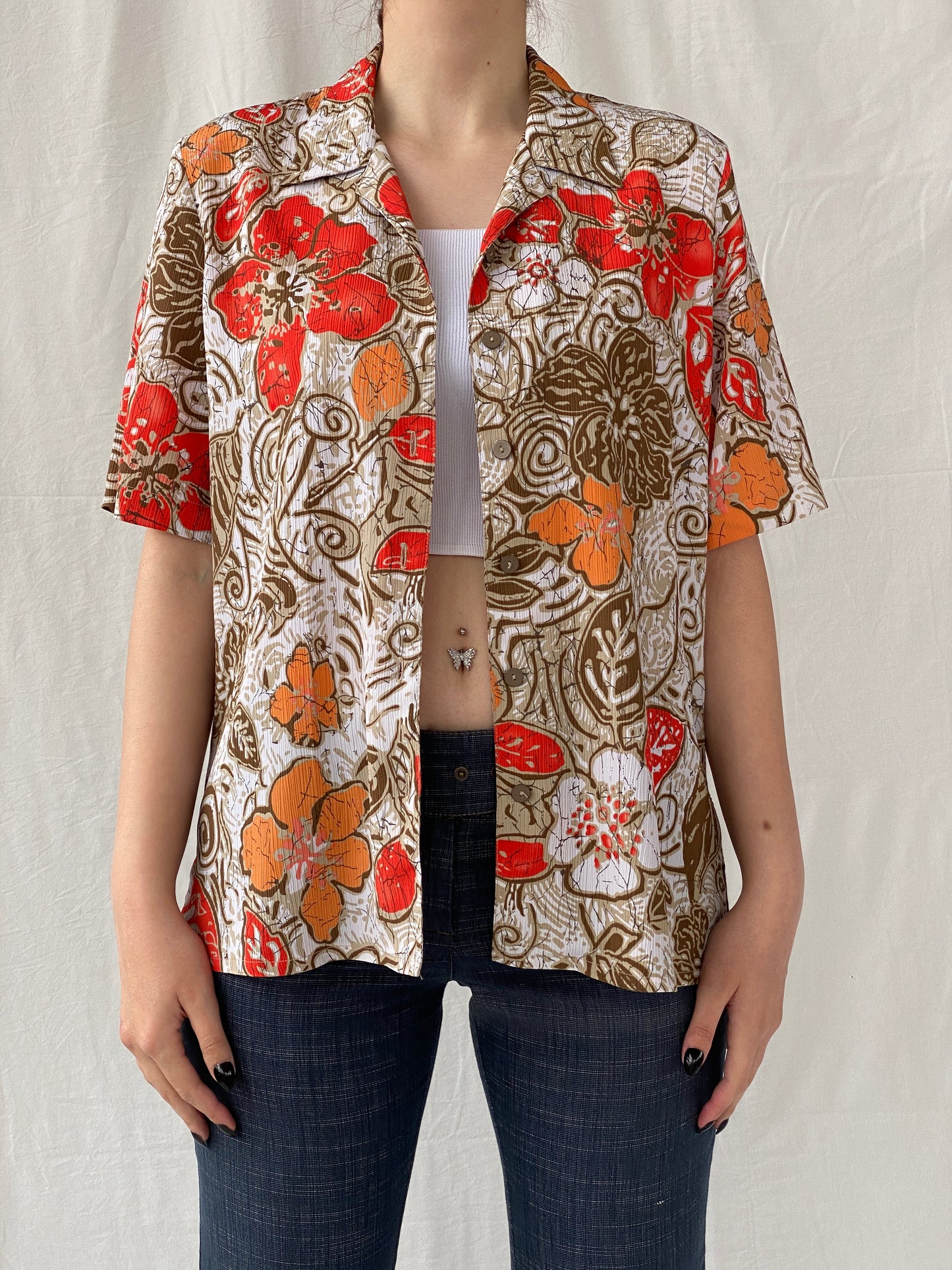 Vintage ALIA Orange Floral Women’s Short Sleeve Button Up Hawaiian Shirt - M