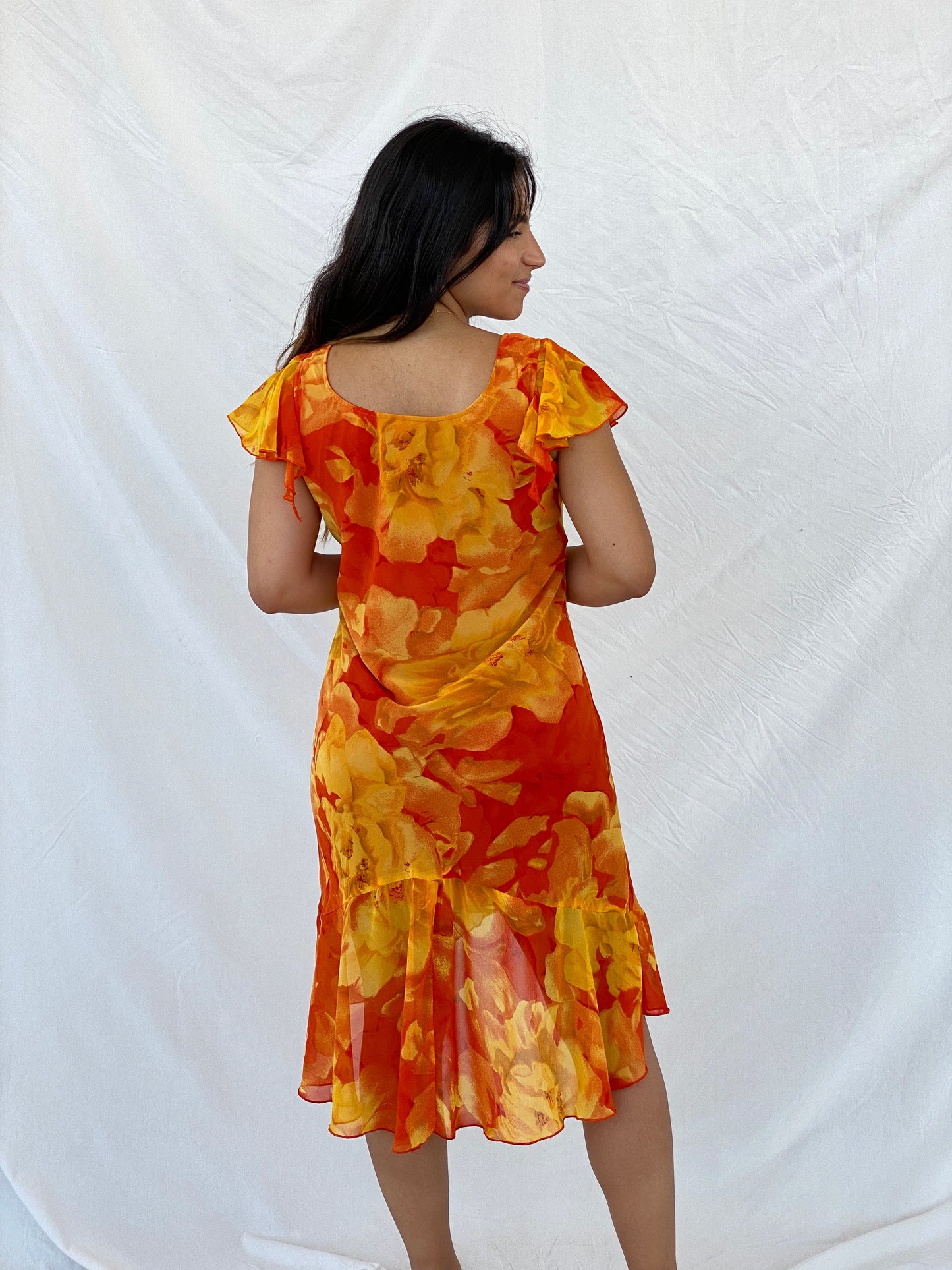 Vintage 90s Orange and Yellow Floral Midi Dress - S