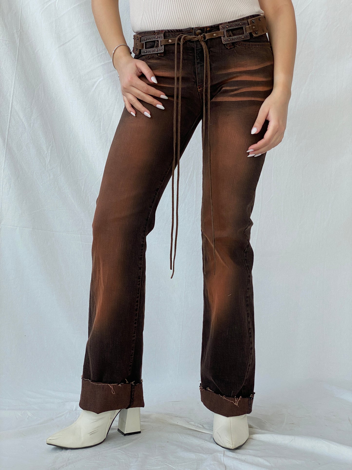 Vintage FlyGirl Brown Distressed Low Rise Biker Pants with Suede Belt - 34EUR