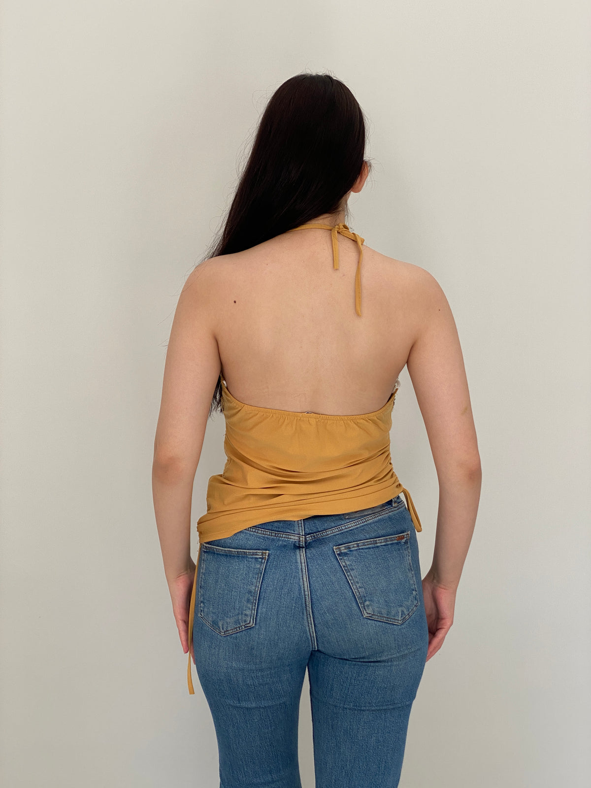 Y2K Vogue by Lemoncola Mustard Lace Ruched Halter Top – XL