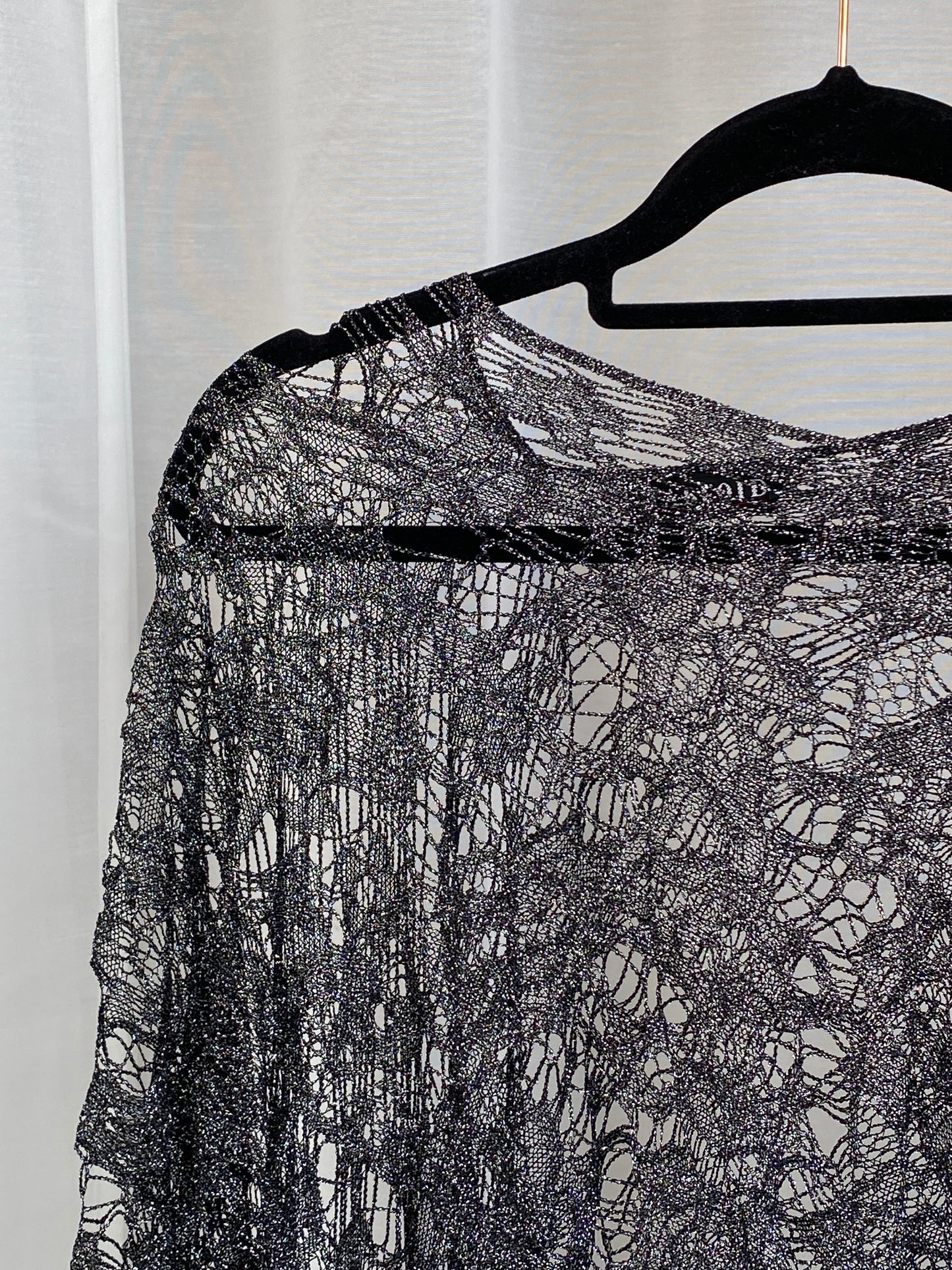 Rare Vintage Tabloid Metallic Black Knit Fringe Poncho – Sheer Boho Festival Shawl