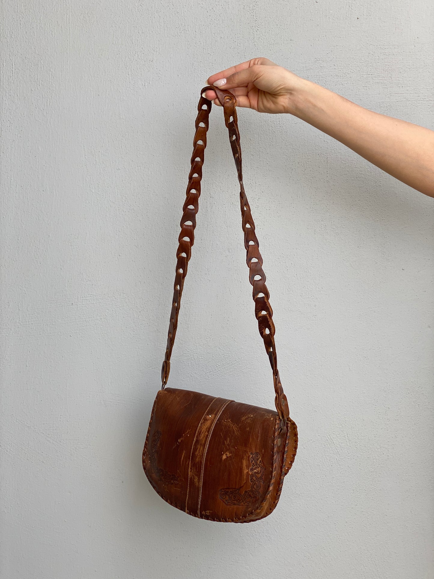 Vintage Boho Brown Hand-Tooled Leather Crossbody Bag Embossed Saddle Bag