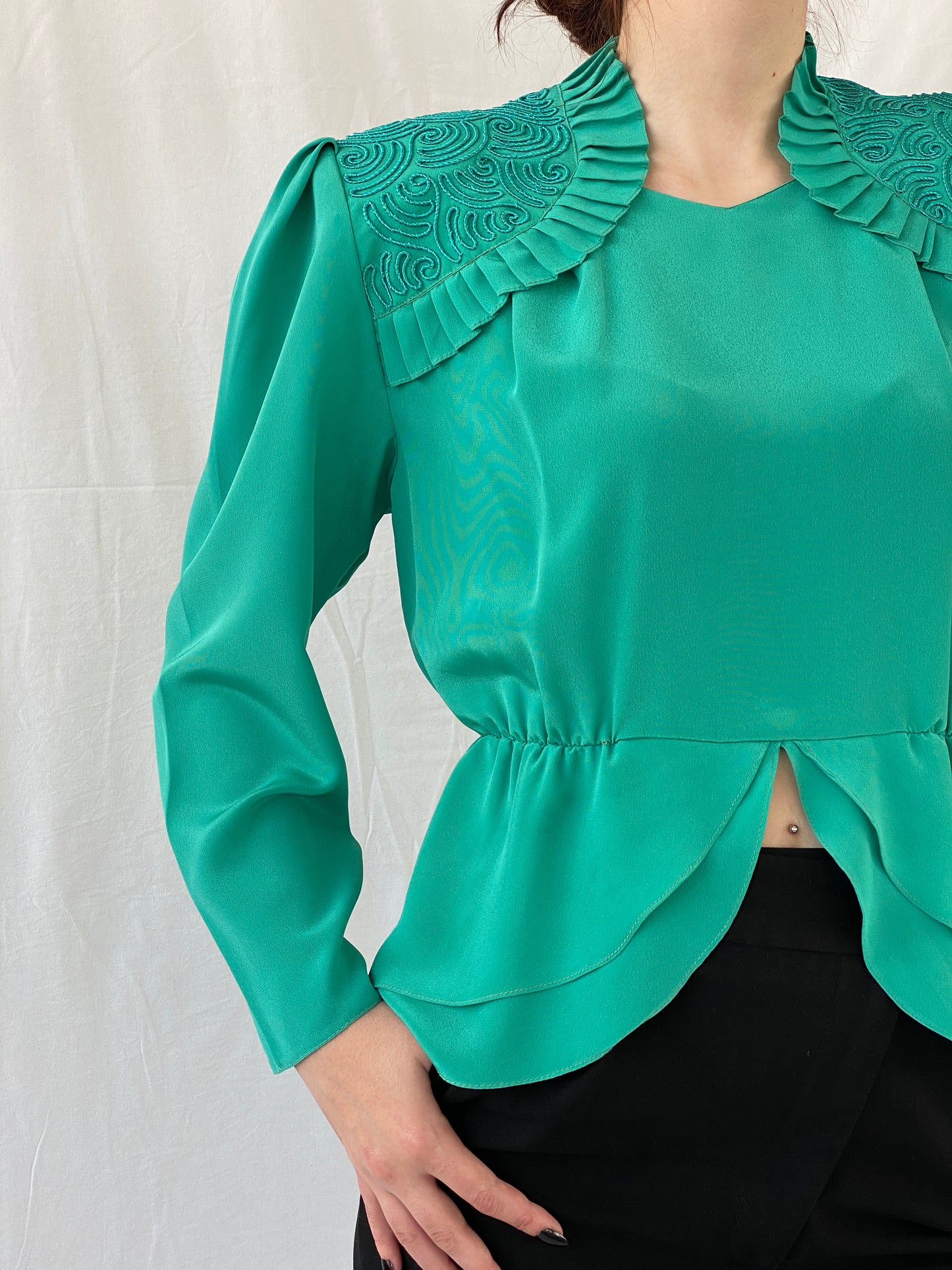 Vintage Doruk Green Embellished Padded Shoulders Long Sleeve Satin Blouse - L