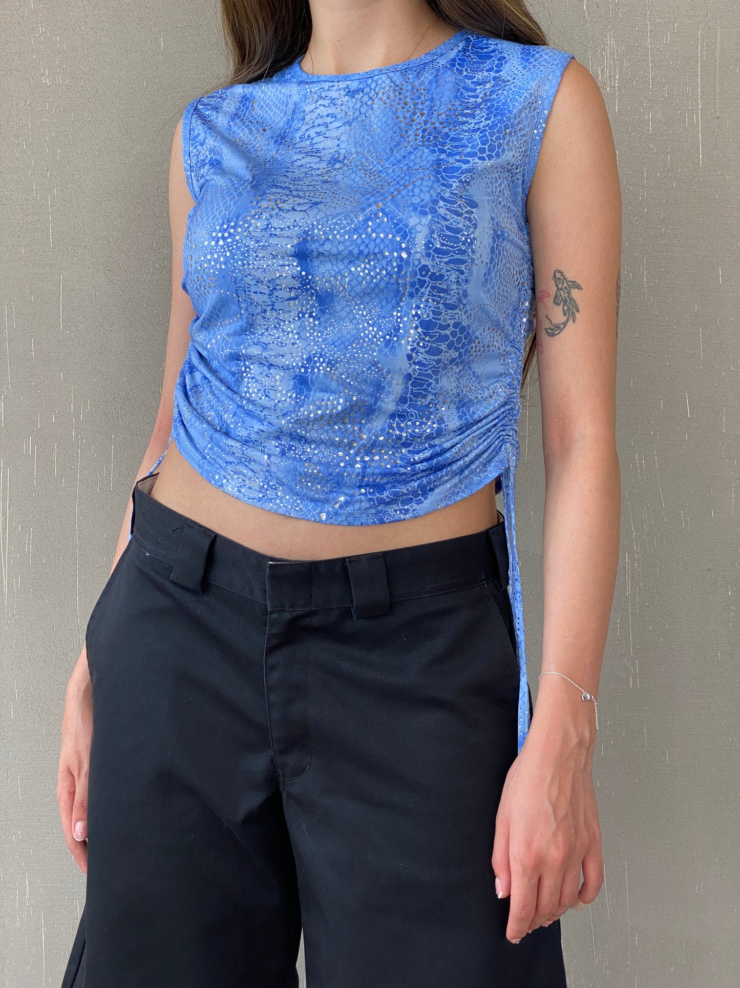 Y2K Festival Blue and Silver Ruched Sides Sleeveless Top - M
