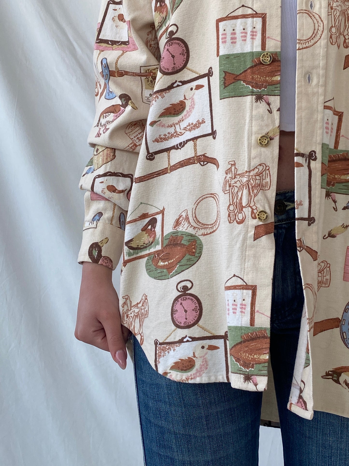 Vintage Cambridge Country Side Graphic Prints Beige Long Sleeve Button Up Cotton Shirt - M