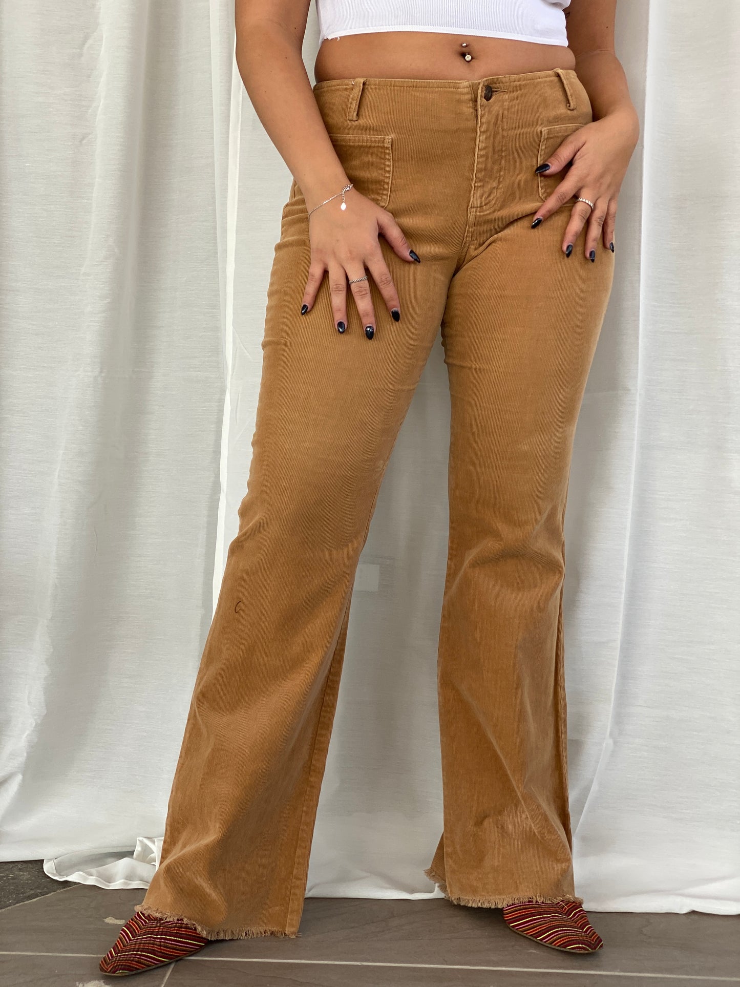 Vintage 90s Guess Jeans Stretch Brown Corduroy Mid Rise Flare Pants - L