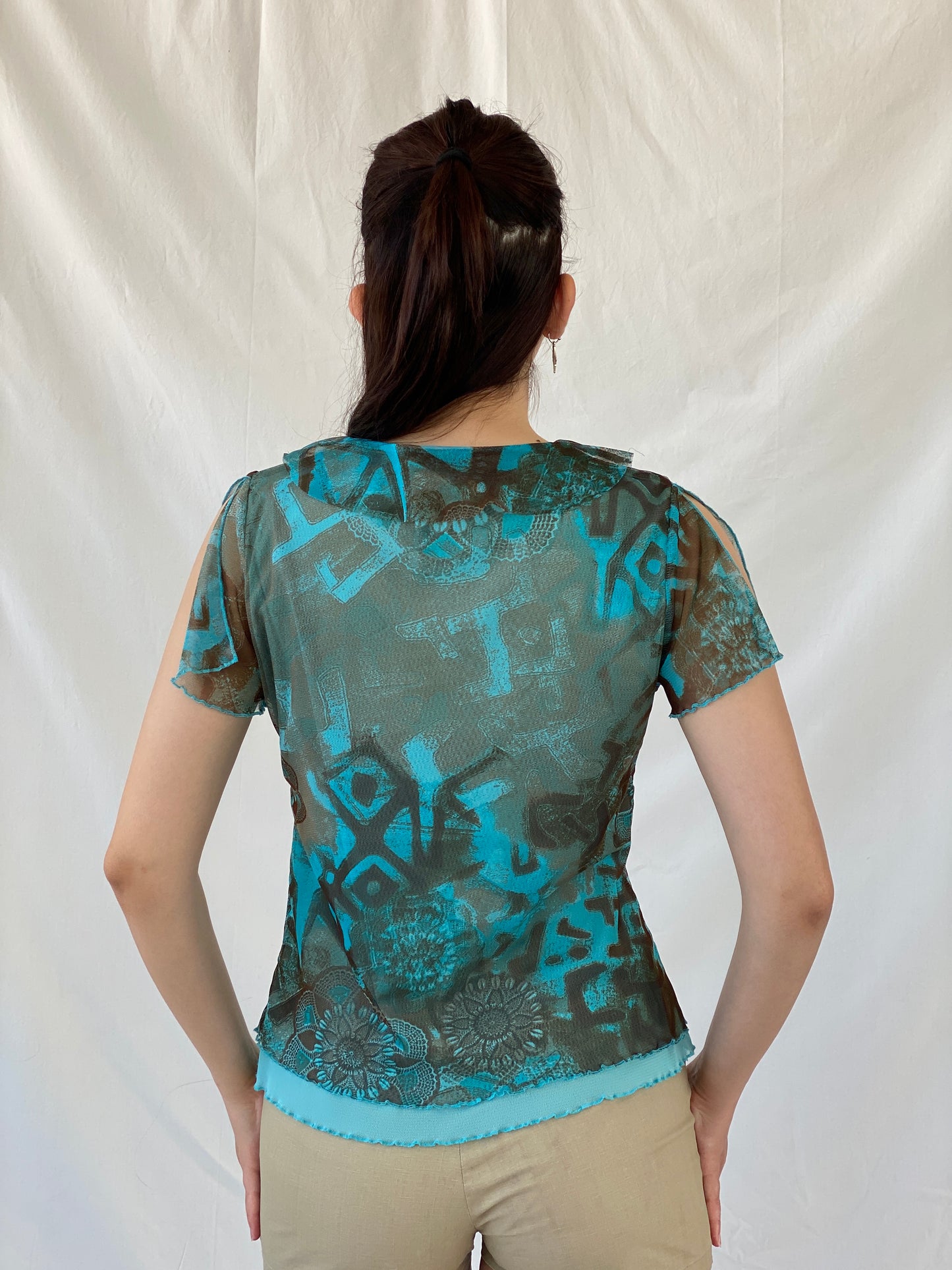Vintage 90s Liberty Island Graphic Blue Brown Floral Ruffle Neckline Mesh Top - L