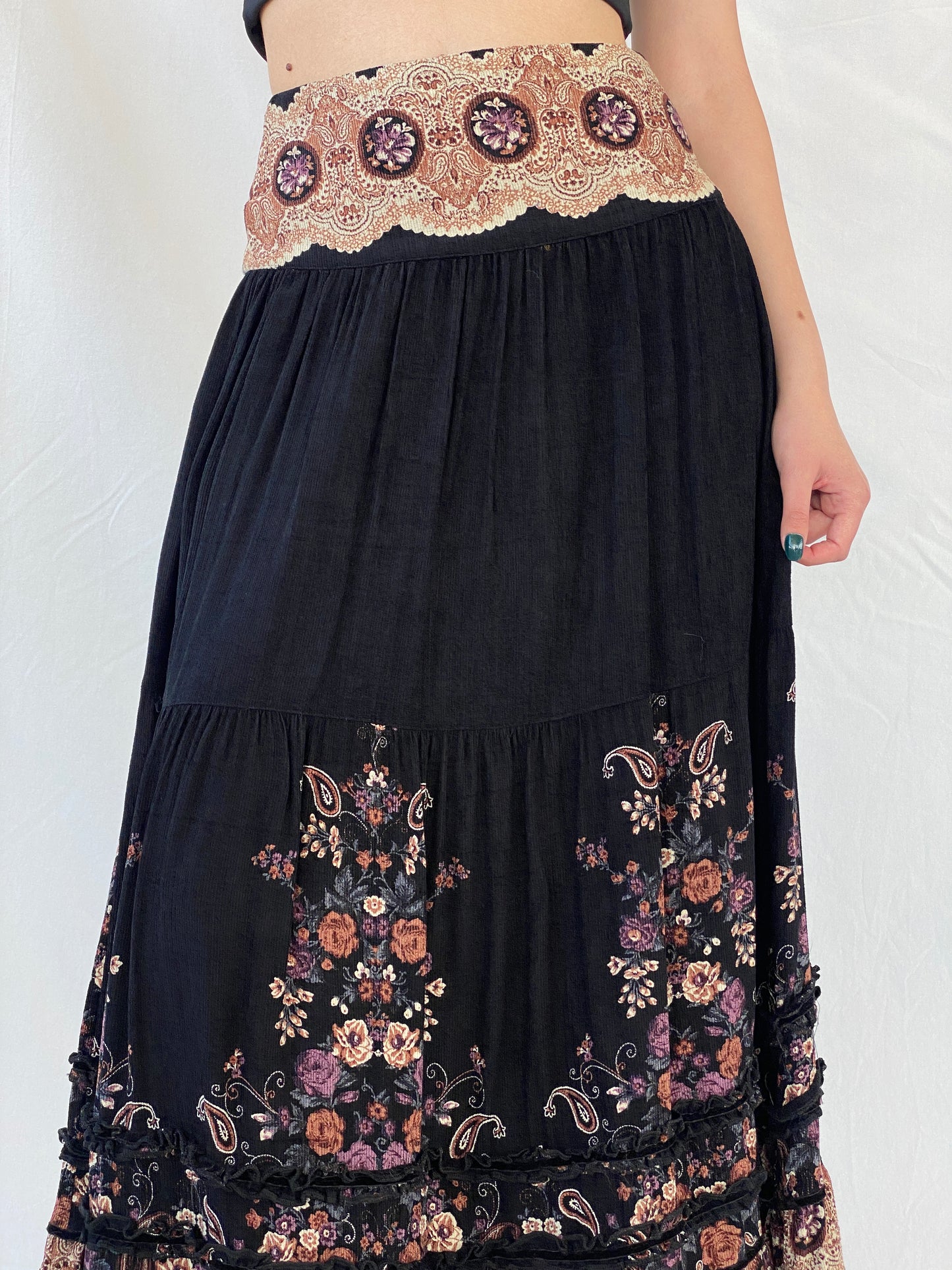 Vintage MOJJIL Black Boho Print Gypsy Maxi Skirt - M