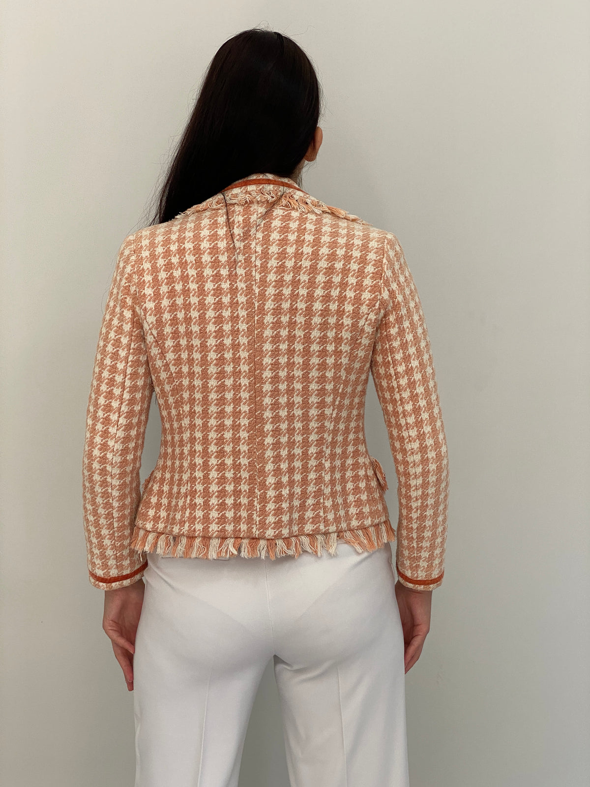 Vintage Y2K Laforet Collection Peach & Cream Houndstooth Fringe Tweed Blazer - XS